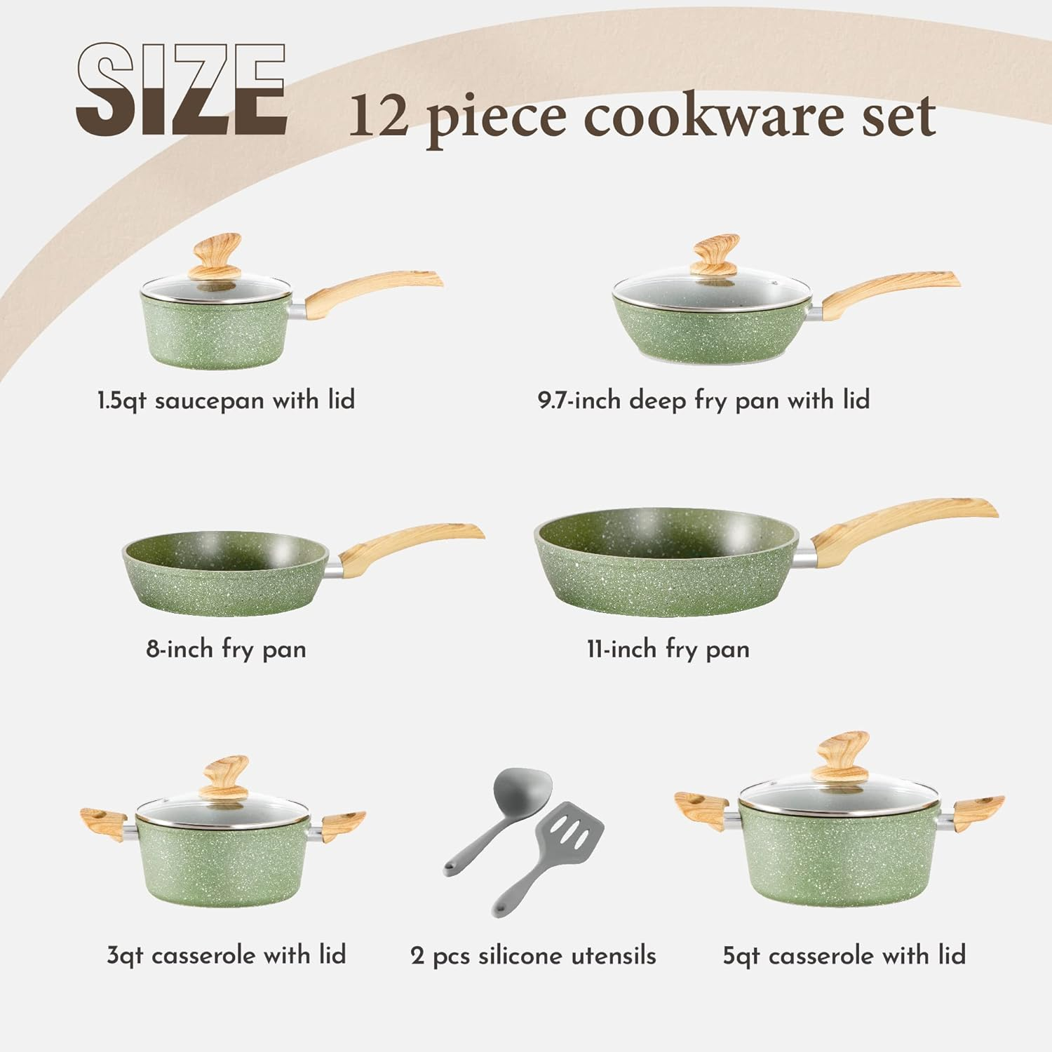 Kitchen Academy Induction Cookware Sets - 12 Piece Green Cooking Pan Set, Granite Nonstick Pots and Pans Set, KA-CS01 - Blue image number 5