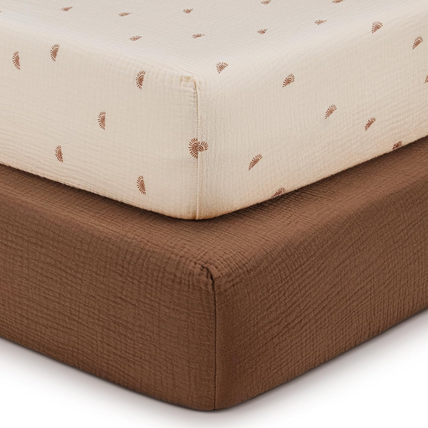 Blissful Diary Muslin Crib Sheets for Girls and Boys, 100% Cotton Boho Neutral Fitted Baby Sheet Standard Mattress & Toddler Bed (52''X28''), Soft Breathable 2 Pack (Sunshine&Brown) image number 3