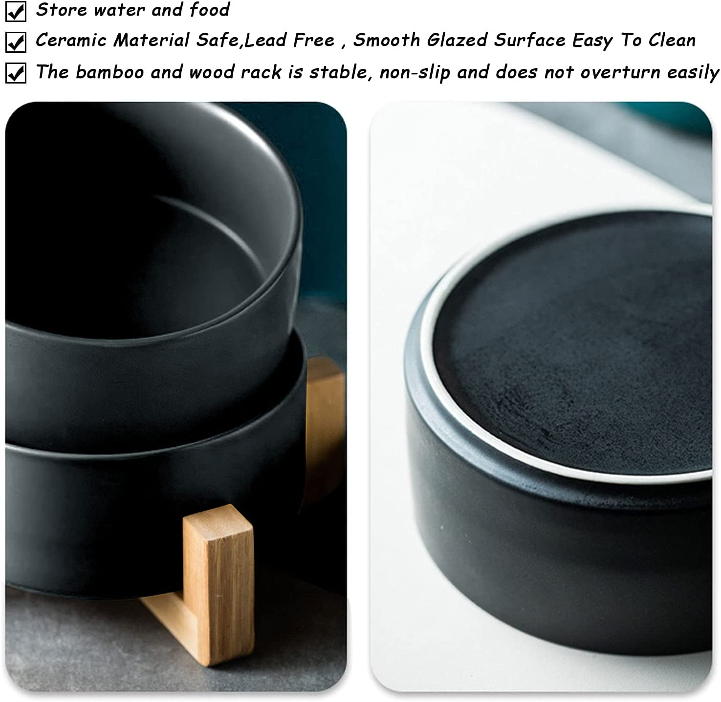 Petygooing Dog Bowls,Black Ceramic Cat Dog Bowl Set with Wood Stand for Pet Food and Water,Non-Slip Cute Modern Pet Dish Set for Cats Small and Medium Dogs (28OZ/6.1 In) image number 5