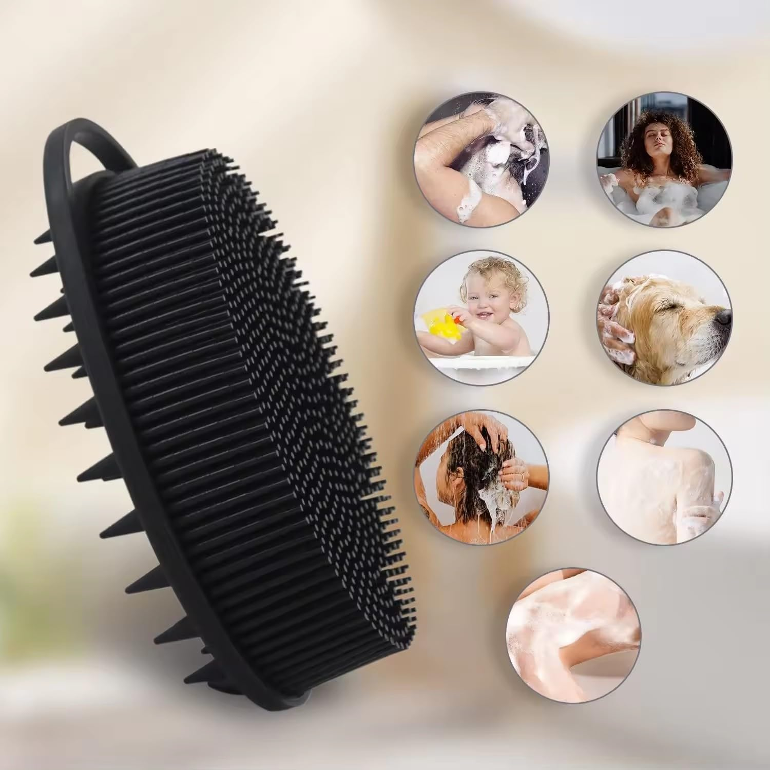 Ashintaranji Silicone Body Scrubber, Soft Shower Brush,Premium Silicone Loofah with Hook,2 in 1 Bath and Shampoo Massage Hair Brush，Wet and Dry Scalp Brush for Kids,Women,Men,Adult, Baby, Pets (Black) image number 1