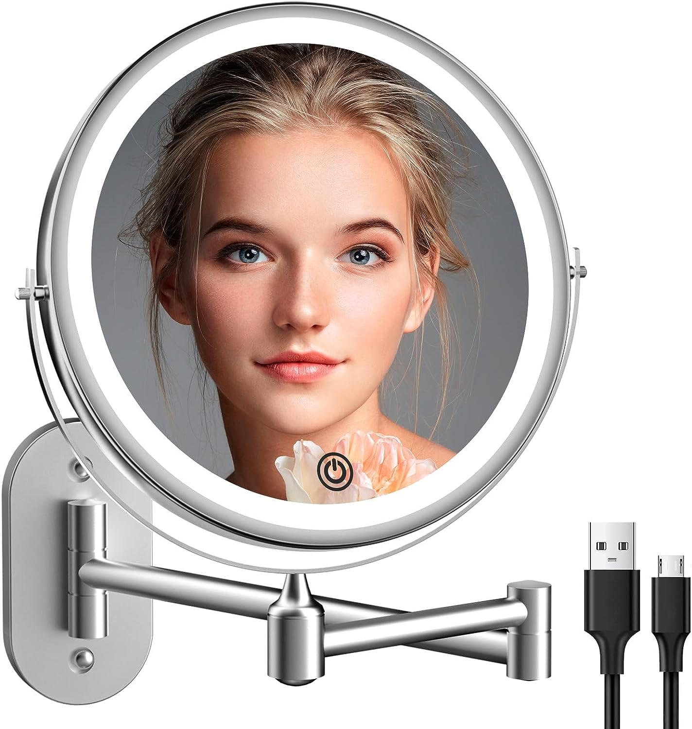 Rechargeable Wall Mounted Lighted Makeup Vanity Mirror 8 Inch 1X/10X Magnifying Bathroom Mirror with 3 Color Lights, Double Sided with Dimmable LED Lights, Extended Arm 360&deg; Swivel Extension Mirror - Siliver With 7X Magnification image number 3