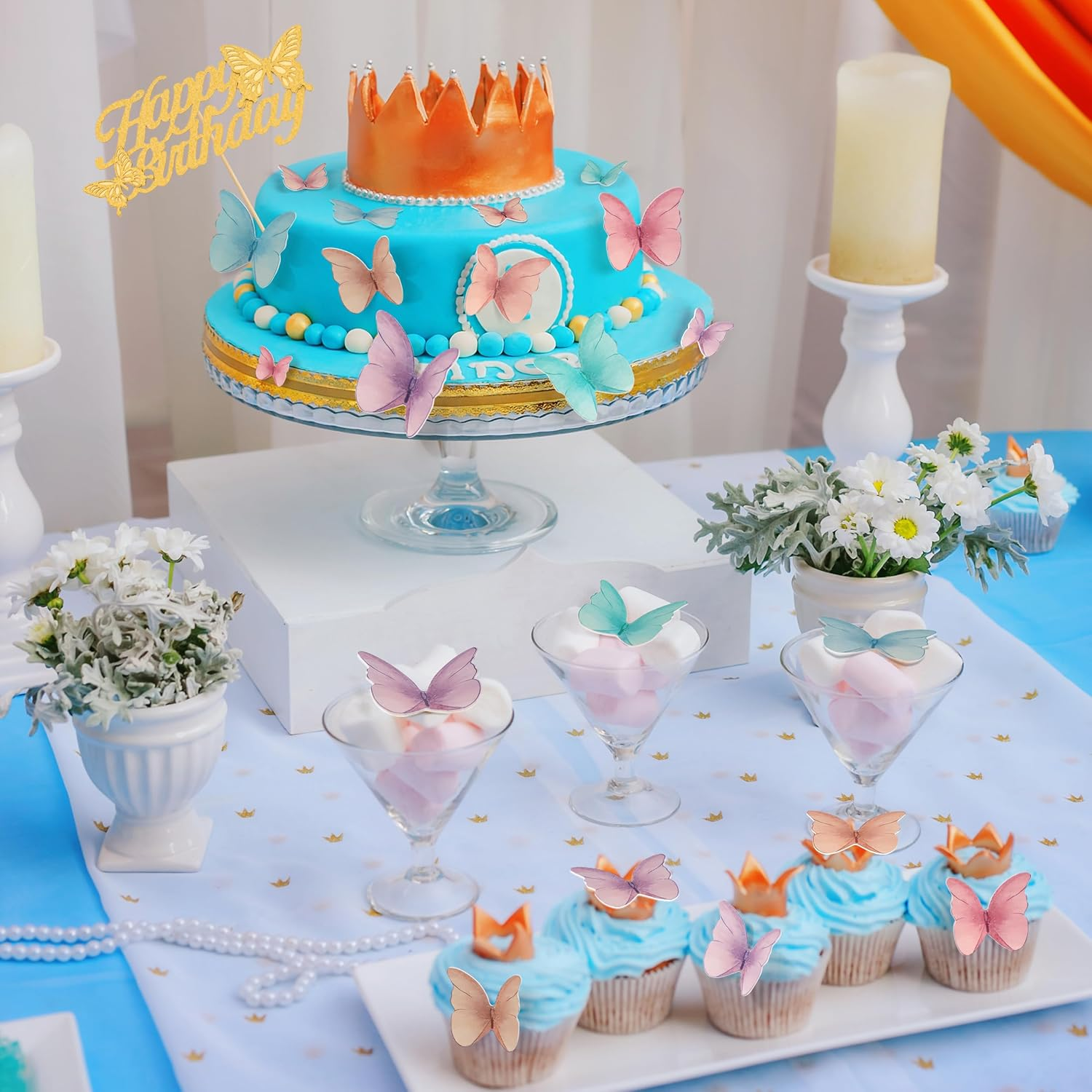 48 Pcs Edible Butterflies for Cake Decorations and 'Happy Birthday' Butterfly Cake Topper, 3D Wafer Paper Butterfly Cupcake Toppers and Cake Topper for Birthday Party Cake Decorations (Mixed Colour) image number 6
