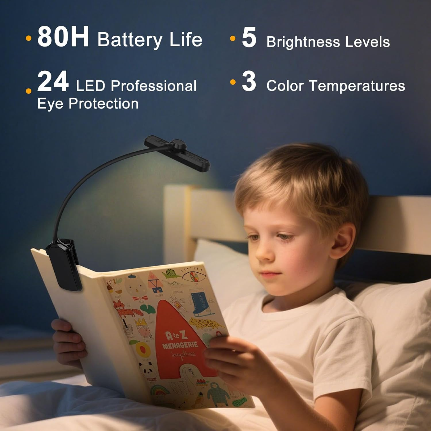 Kakeyrun 24 LED Book Light, Reading Light Night Light with 80 Hours Runtime, 3 Eye-Protection Mode & 5 Brightness Levels, Large Lamp Area, 360&deg; Flexible for Reader, Music Sheet Lighting (Black) - Black image number 6