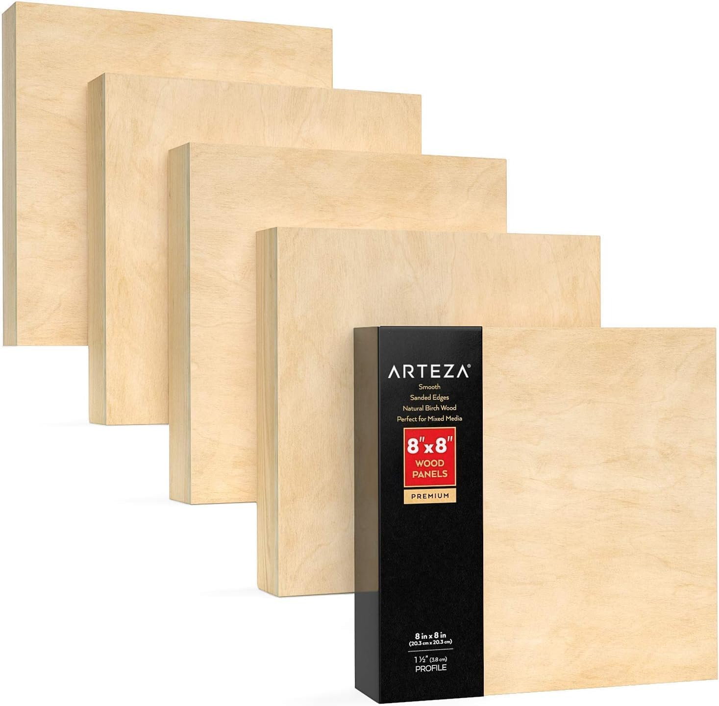 ARTEZA Wooden Canvas Board, 8X8 Inch, Pack of 5, Birch Wood, Cradled Artist Wood Panels for Painting, Encaustic Art, Wood Burning, Pouring, Use with Oils, Acrylics image number 3