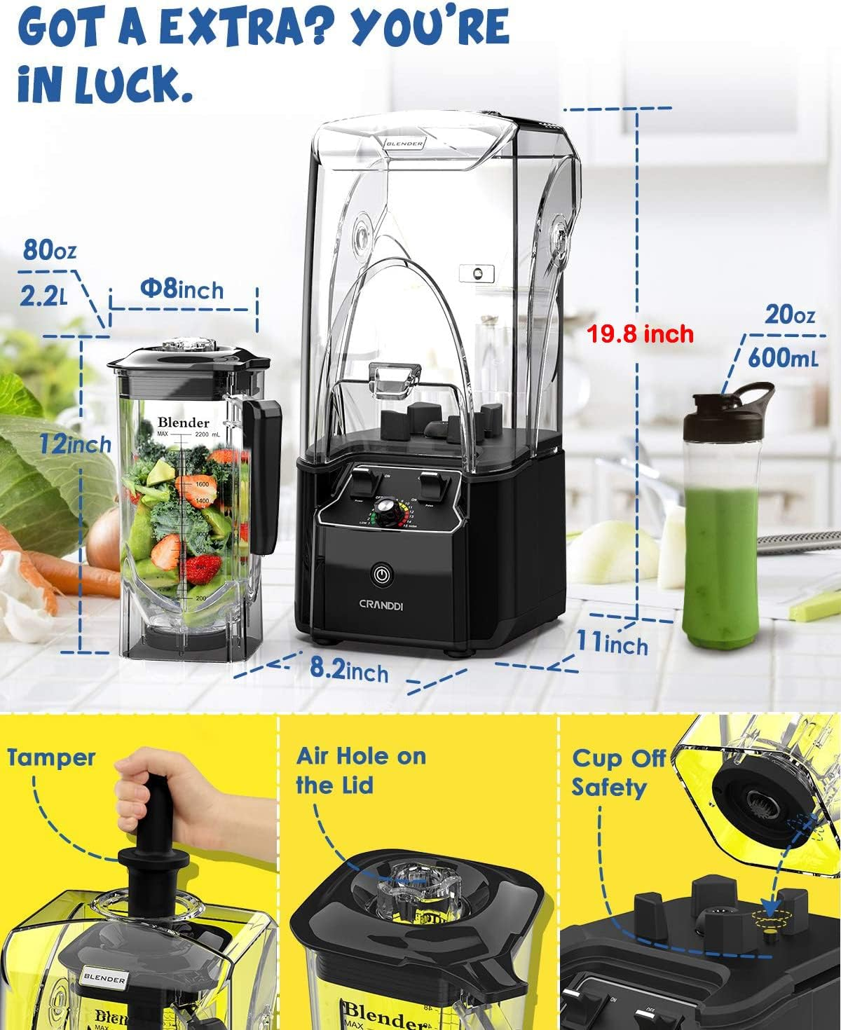 CRANDDI Quiet Commercial Blender with Soundproof Shield, 2200 Watt Professional Blenders for Kitchen with 80Oz Jar and Self-Cleaning, High-Speed Blenders K90 Black image number 3