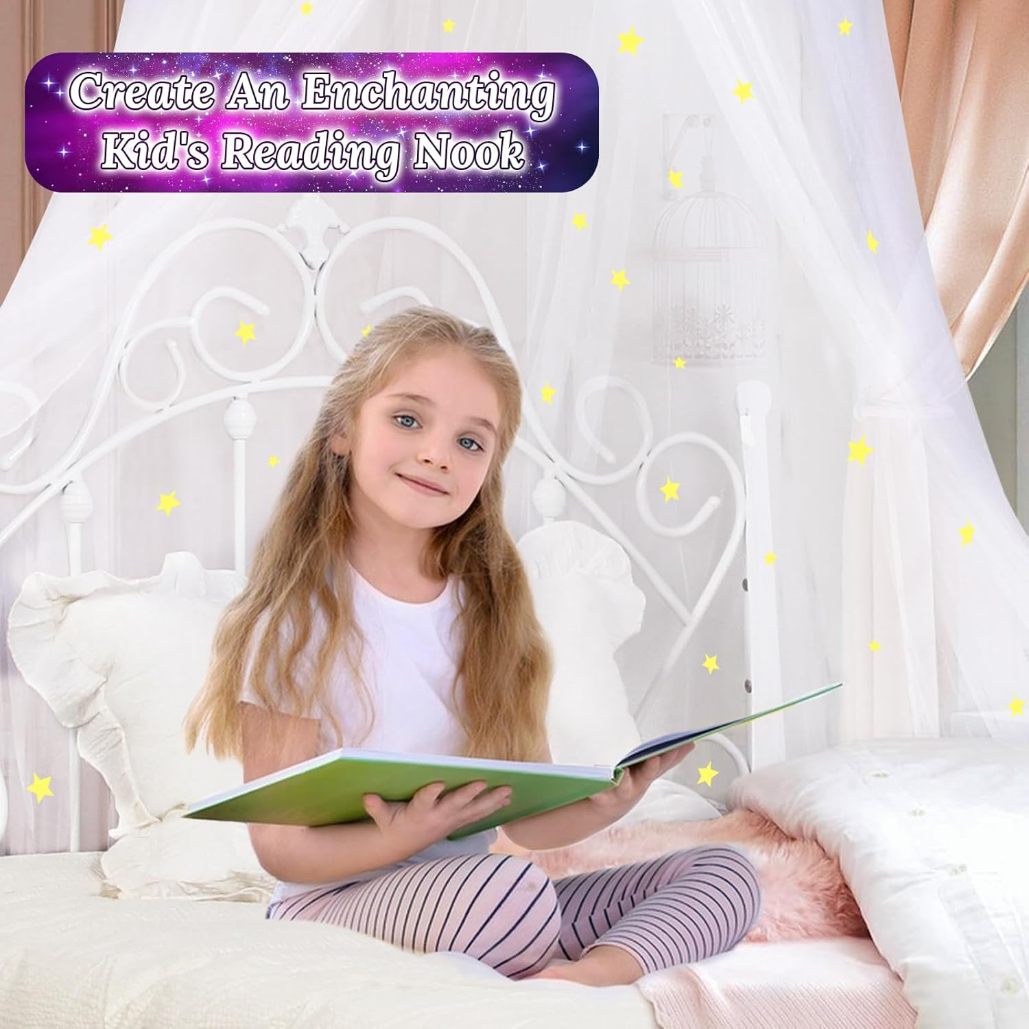 South to East Bed Canopy with Fluorescent Stars Glow in Dark for Baby, Kids, Girls or Adults, Mosquito Net Use to Cover the Baby Crib, Kid Bed, Girls Bed or Full Size Bed, Fire Retardant Fabric image number 4