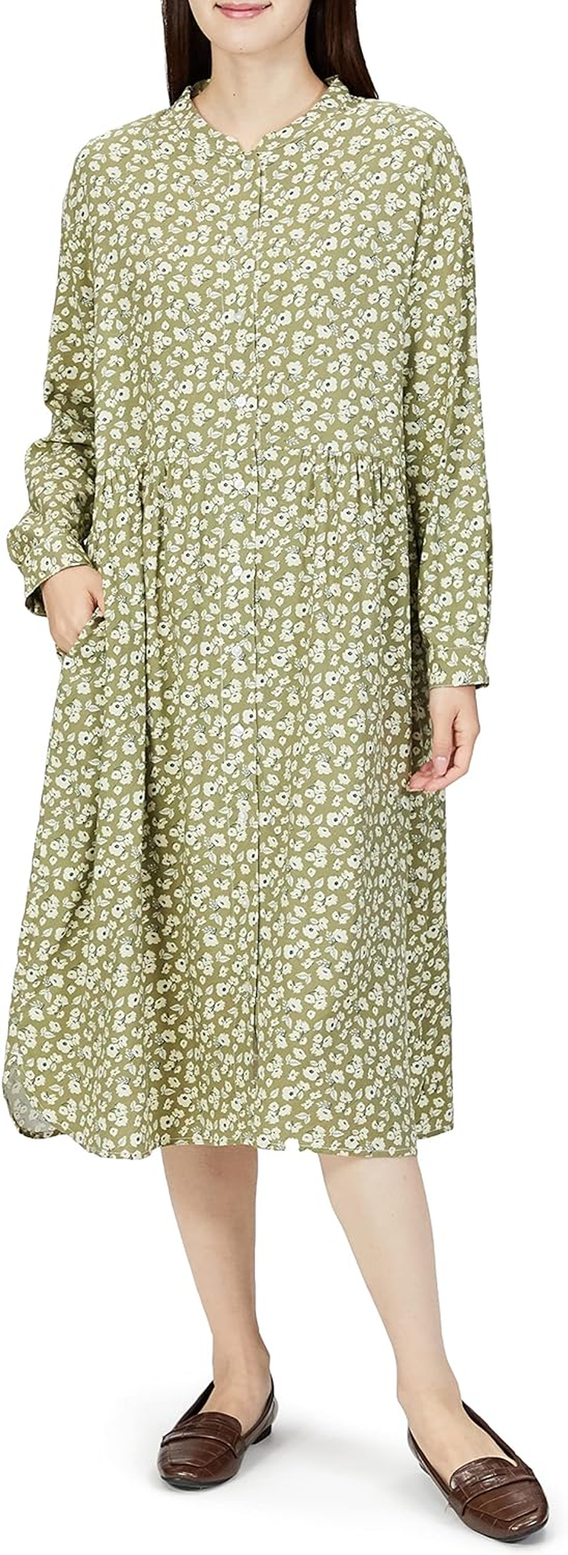 Hiuma Nihon LUM42601 Dress, Botanical Print, Stand Collar Dress, Khaki, M, Women'S Khaki, M, Khaki, M image number 3