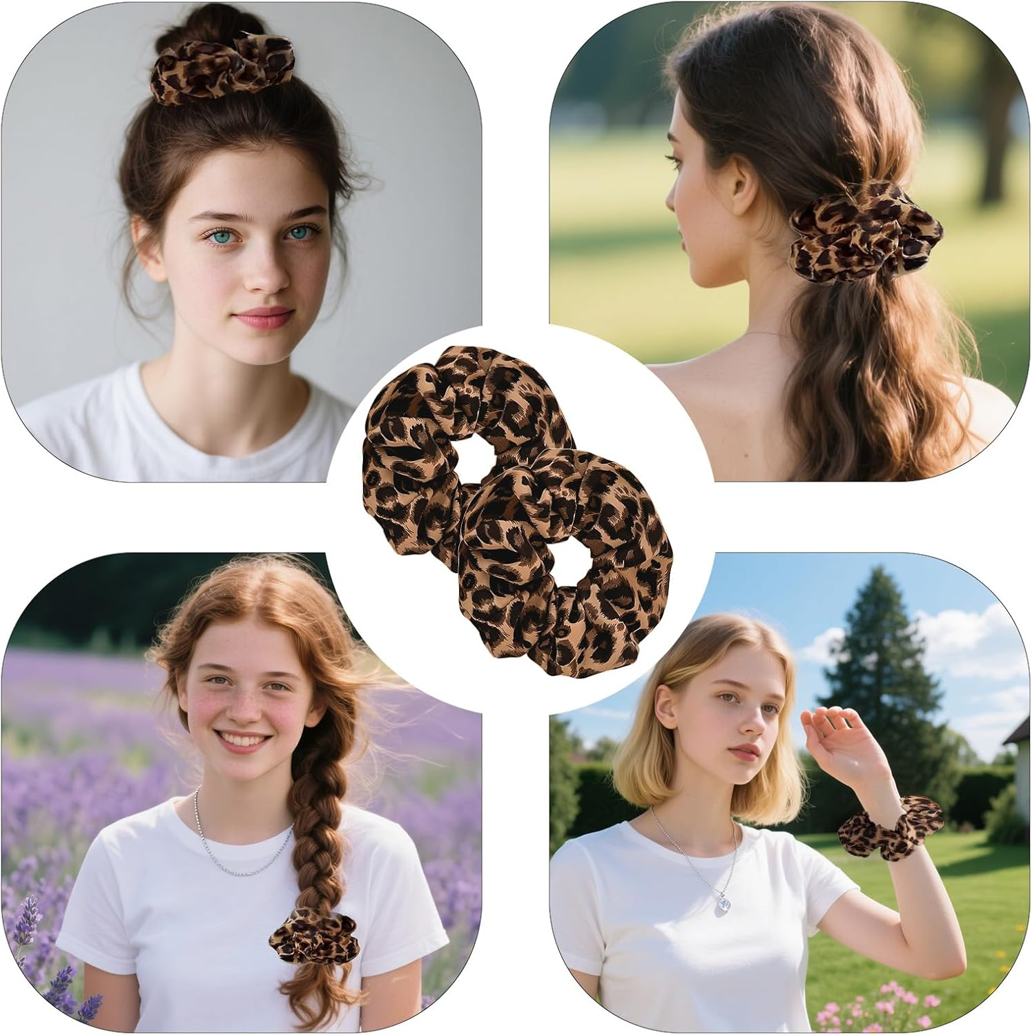 Pack of 2 Brown Leopard Scrunchies, Leopard Print Hair Bobbles for Women, Large Leo Elastic Hair Band, Scrunchies without Hair Breakage, Fabric Hair Bobbles for Girls, Thick Hair and Thin Hair image number 2