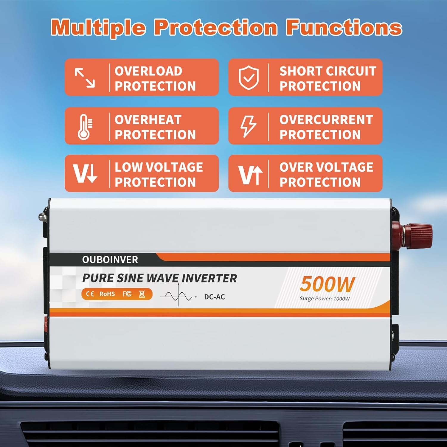 500W Power Inverter, DC 12V to 240V AC Converter for Vehicles Car, Pure Sine Wave Adapter with AC Outlets USB Port Car Charger for Laptop Smartphone Small Power Tool image number 3