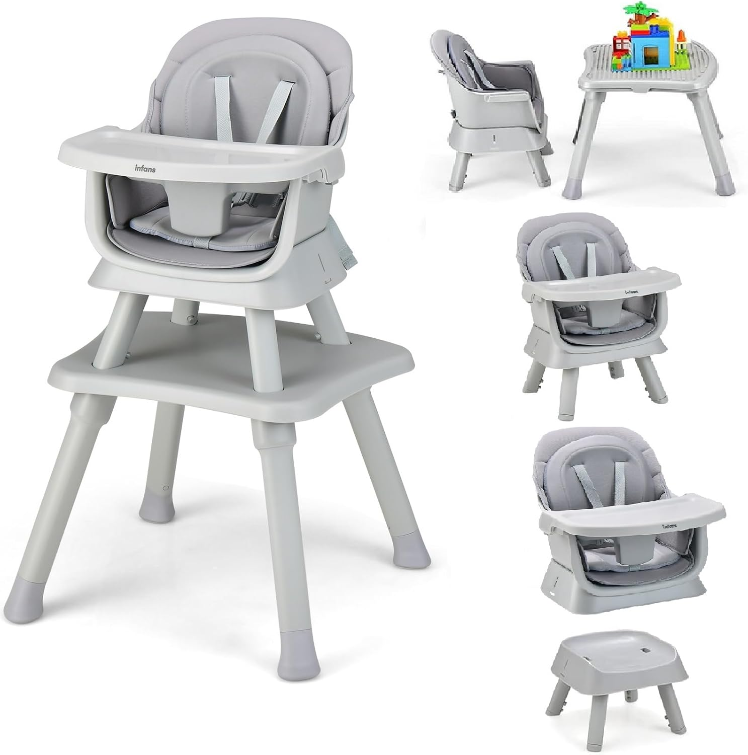 INFANS 8 in 1 Baby High Chair, Convertible Highchair for Babies and Toddlers, Infant Dining Booster Seat, Building Block Table, Kids Stool Table Chair Set with Removable Tray (Black)