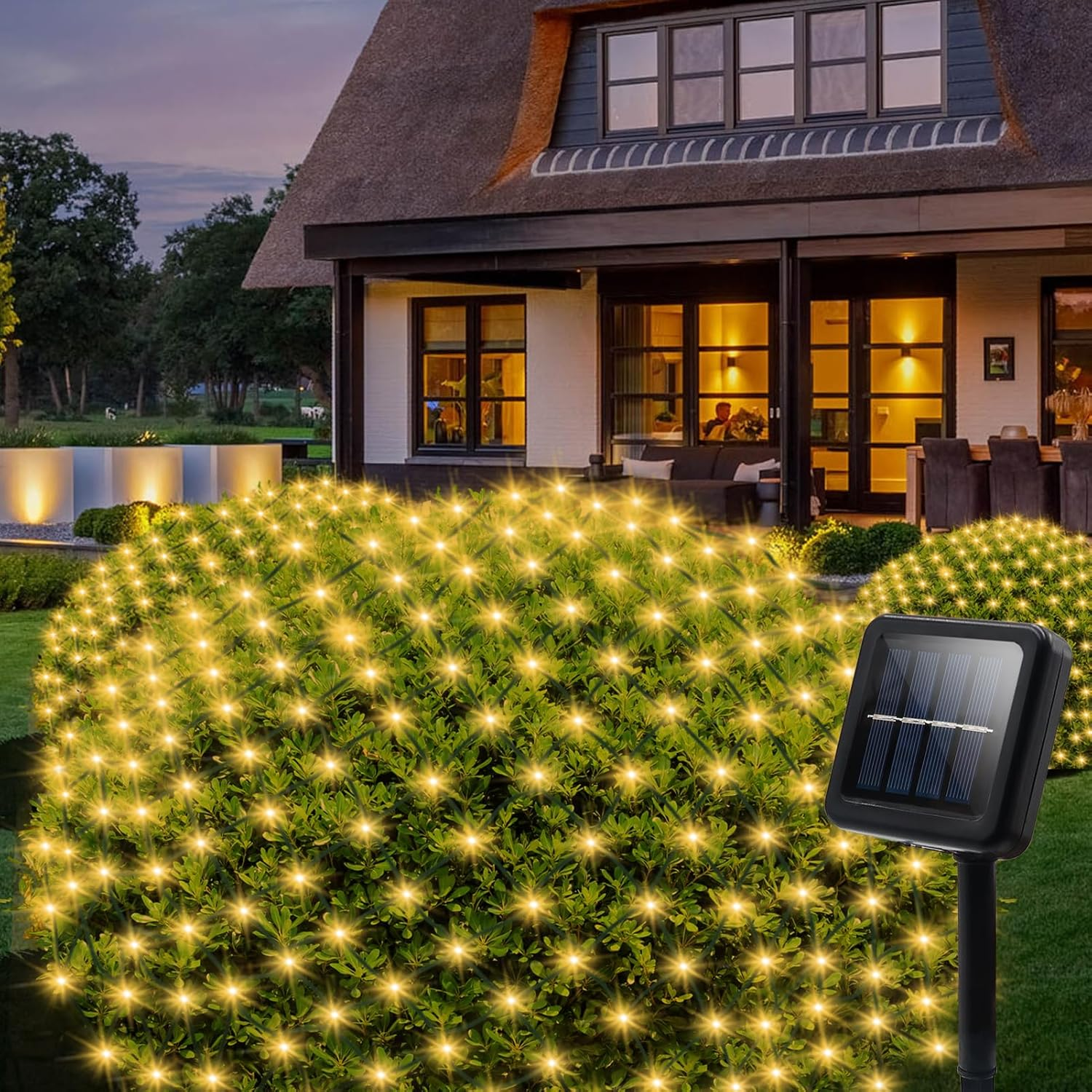 Solar Net Lights Outdoor, 100 LED 5Ft X 5Ft Bush Net Light Outdoor Mesh Lights Auto On/Off 8 Modes for Tree Fence Backyard Bush Decor (Warm White) image number 3