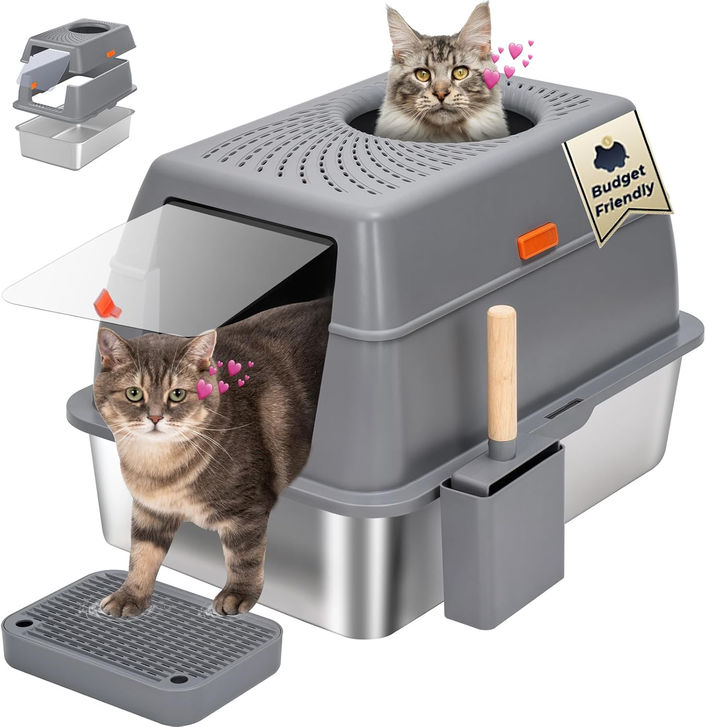 Stainless Steel Litter Box with Lid, SUS304 Metal Cat Litter Box, Enclosed Extra Large Kitty Litter Box High Wall, Jumbo Cat Litter Box with Triple Pedal, Non-Sticky, Anti-Leakage (XL Gray)