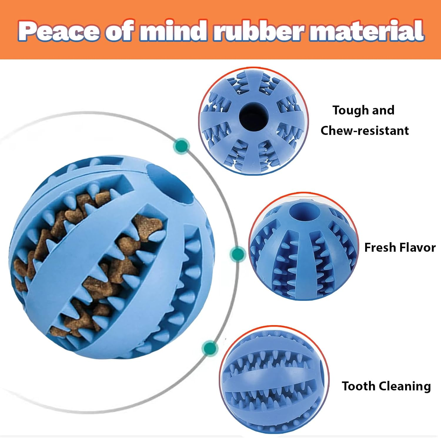 LUMOOM Pack of 2 Dog Toy Ball, Interactive Treat Dispenser, Intelligence Ball, Robust Dog Ball, Diameter 6 Cm, Natural Rubber Puppy Toy, Rubber Ball for Puppies (Blue + Orange) image number 4