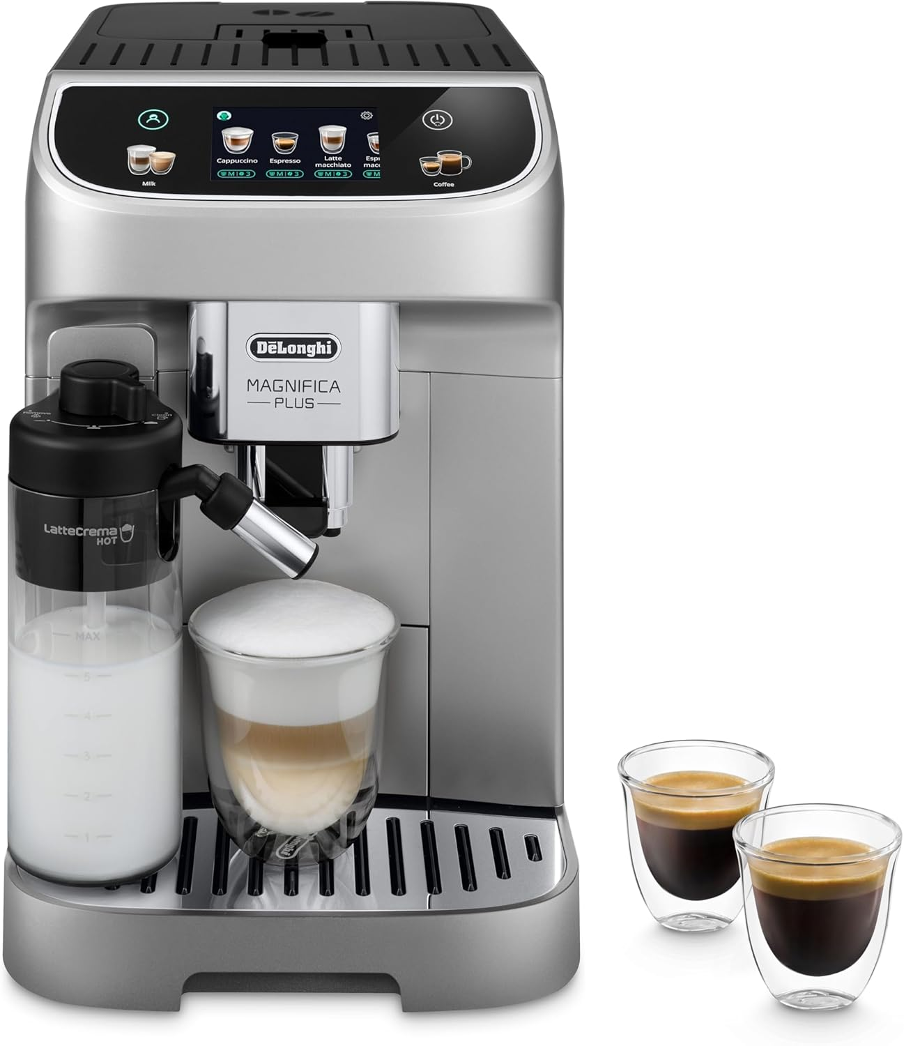 De'Longhi Magnifica plus Fully Automatic Coffee Machine ECAM320.70.SB, Lattecrema Hot Milk System, Full-Touch Color Display, Easy to Clean, 1450W, Silver/Black