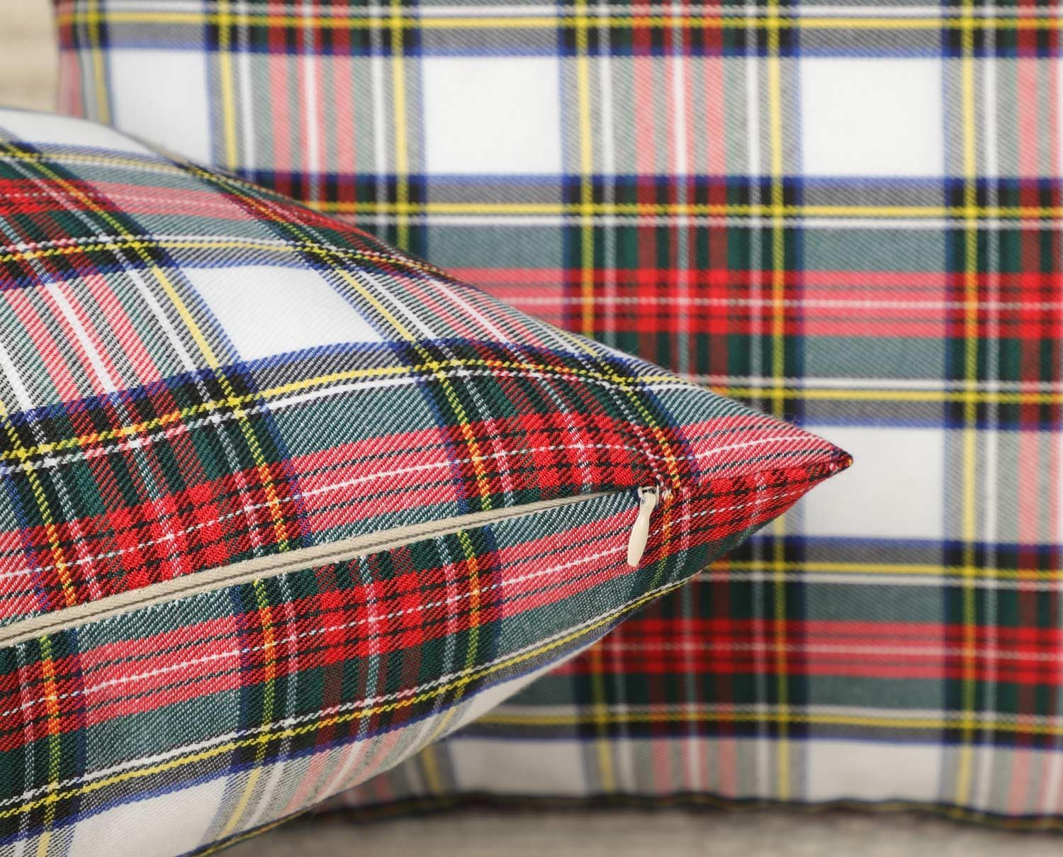 4TH Emotion Set of 2 Christmas Scottish Tartan Plaid Throw Pillow Covers Cushion Case Cotton Polyester for Farmhouse Home Decor Red and White, 20 X 20 Inches image number 3