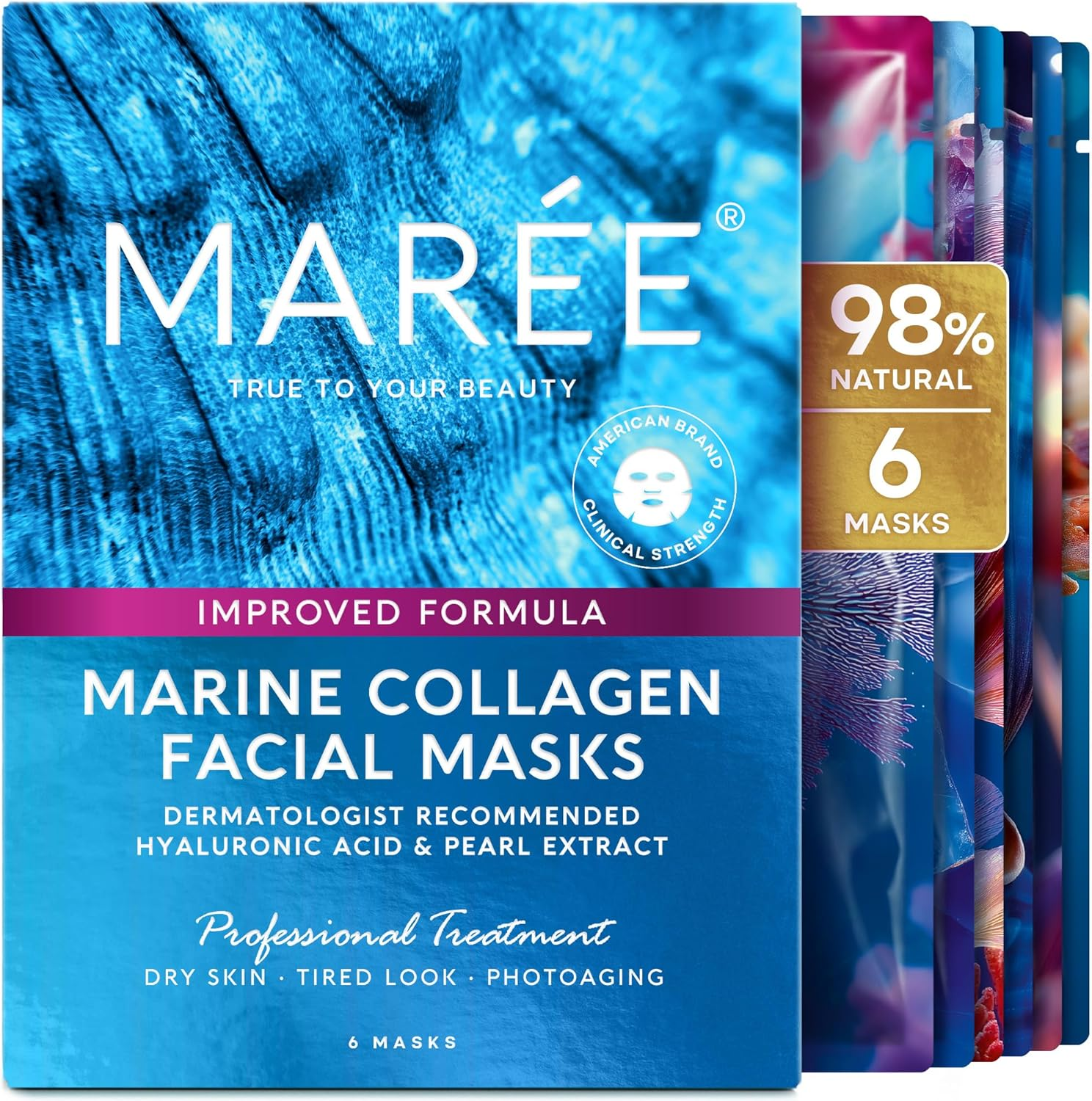 MAREE Collagen Facial Mask with Hyaluronic Acid - Hydrating Face Masks Skincare - Mascarillas Faciales for Women Skin Care - Multicolor, 6 Count image number 6