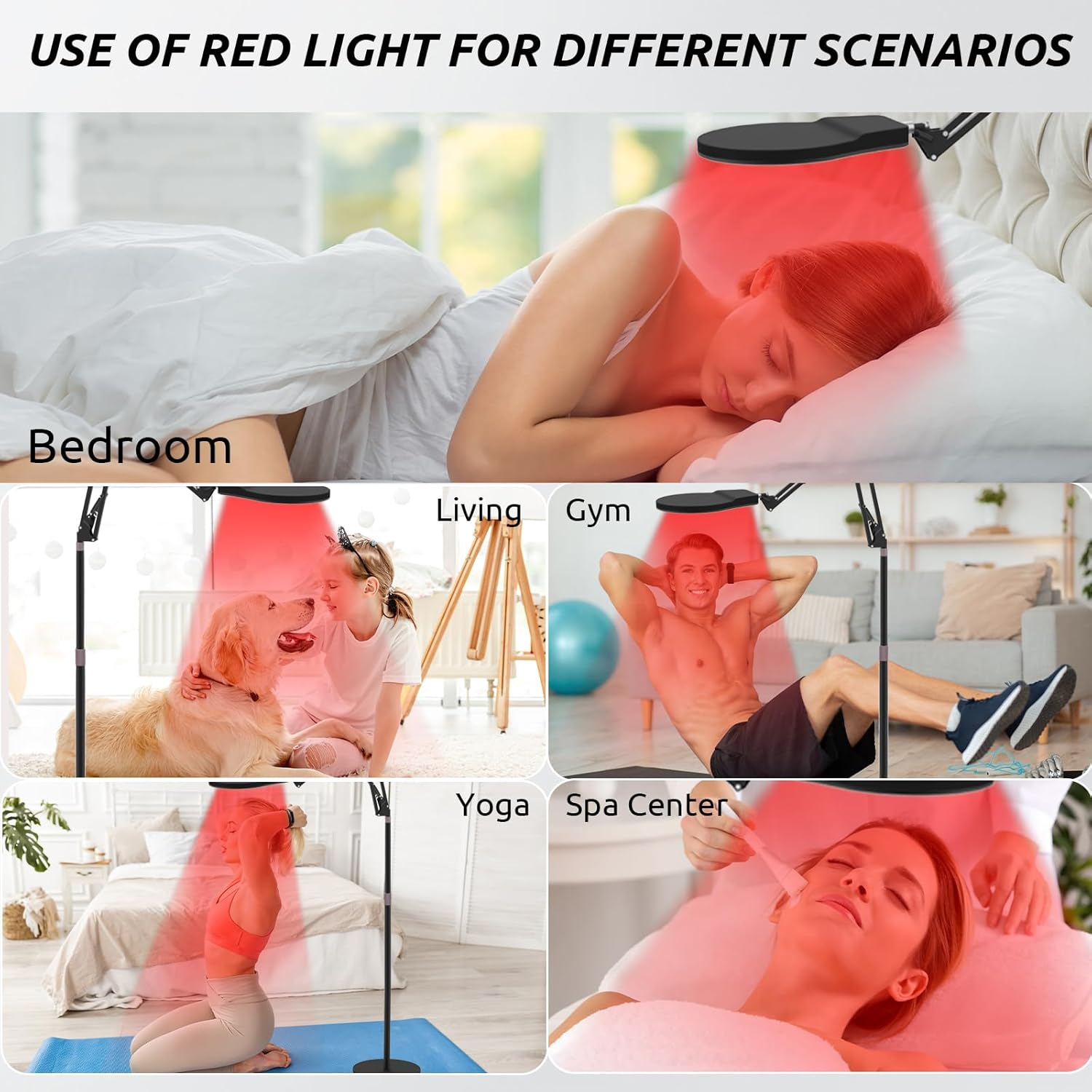 Floor Infrared Lamp, 940&850&660 Red Light Lamp, 5 Brightness & 10/20/30Min Timer & Adjustable Height, 150Leds Infrared Light for Home/Office Use(Black) image number 4