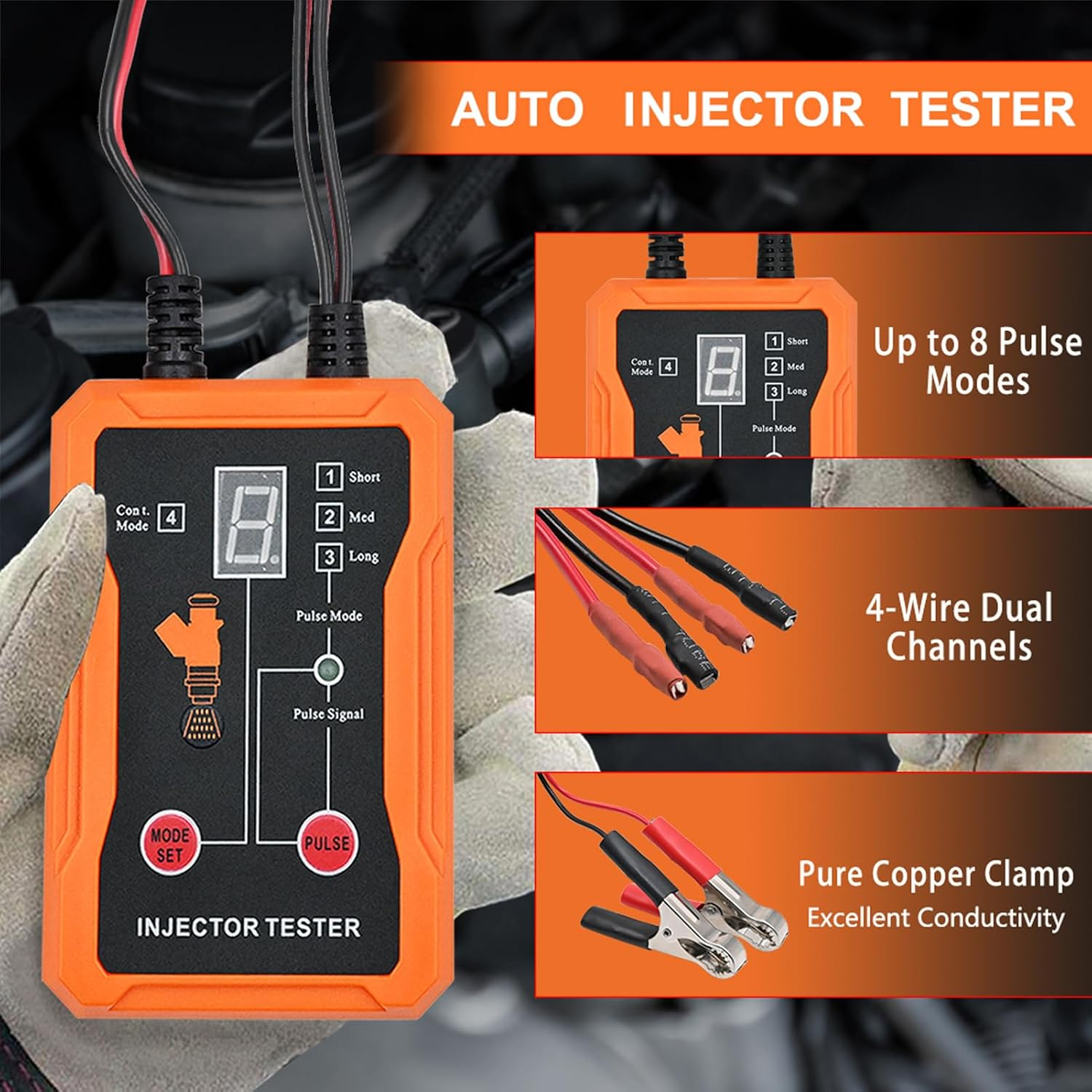 Domary Universal Fuel Injector Tester Cleaner Tool Kit 8 Pulse Modes with Adapters Short Circuit Protection (Orange) - Orange image number 3