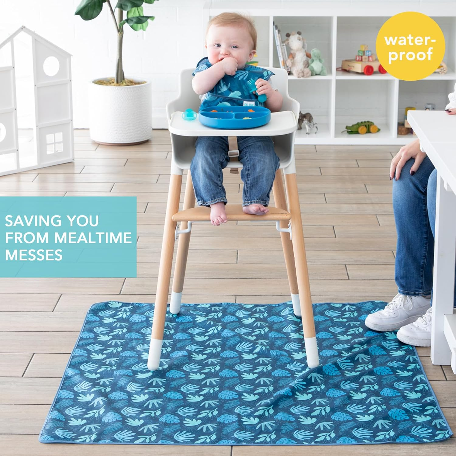 Bumkins Baby Splat Mat for under High Chair, Babies Toddlers Eating Mess Mat, Waterproof Reusable Cloth for Arts and Crafts, Playtime Mat for Kids, Floors or Tables, Fabric 42Inx42In, Blue Tropic image number 3