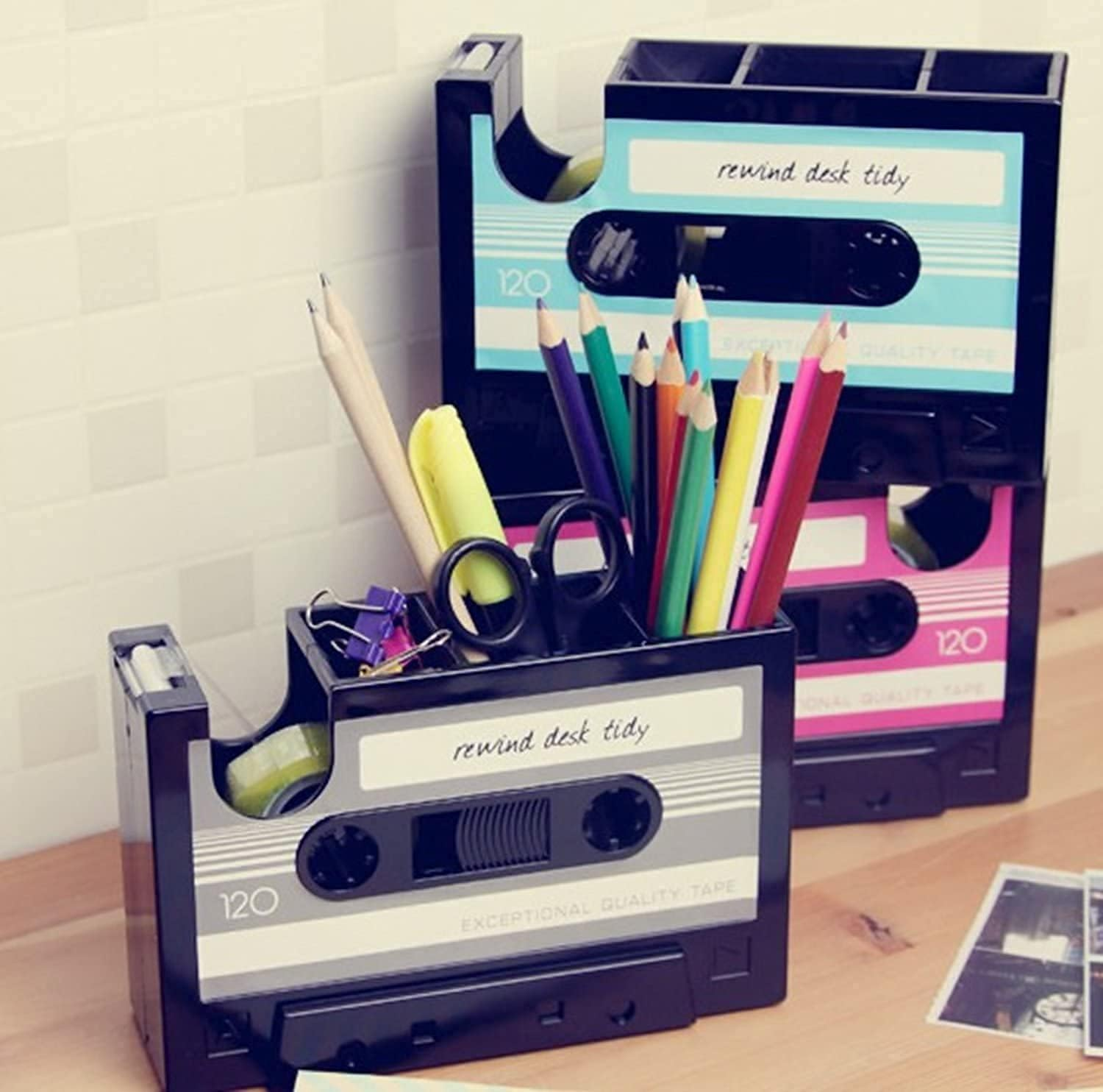 Cassette Tape Dispenser Pen Holder Vase Pencil Pot Stationery Desk Tidy Container Office Stationery Supplier Gift-Onepalace (Black) image number 2