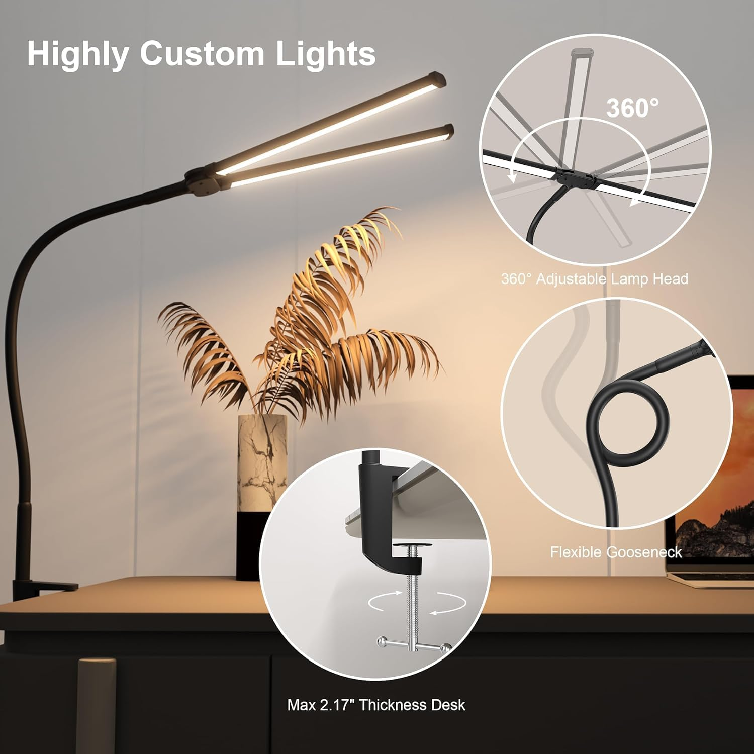 Adjustable LED Desk Lamp with USB Port &ndash; 12W Dual-Head Clamp Lamp, 3 Color Modes & 10 Brightness Levels &ndash; Eye-Caring Light for Office, Reading, Studying, Drafting, Sewing, Dorm Room image number 4