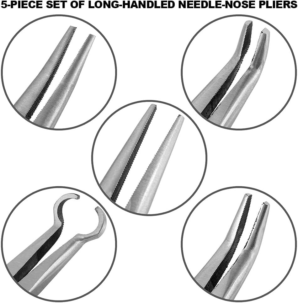 5-Piece 11-Inch Pliers Set: Long Nose, Straight, Bent Nose (25&deg;, 45&deg;, 90&deg;) & round Pliers for Car Repair image number 4