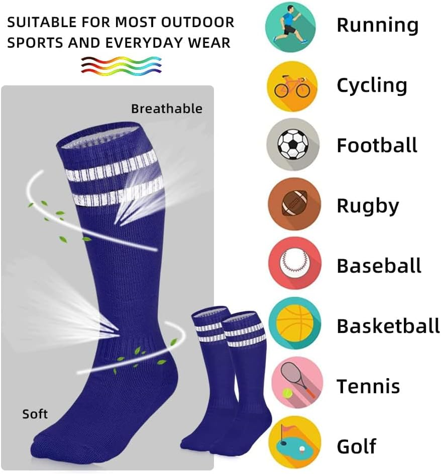3 Pairs Knee High Soccer Socks Athletic Sports Team Socks for 7-12 Years Old Youth