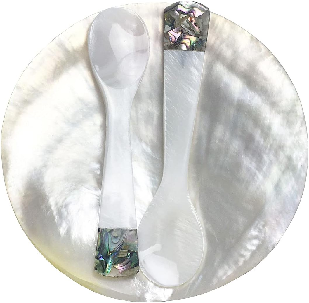 DUEBEL MOP Caviar Server Set, Plate plus Set of 2 Mother of Pearl Caviar Spoons with Green Abalone 3.5&rdquo; Decoration for Caviar, Appetizer, Dessert, Egg, Icecream image number 4