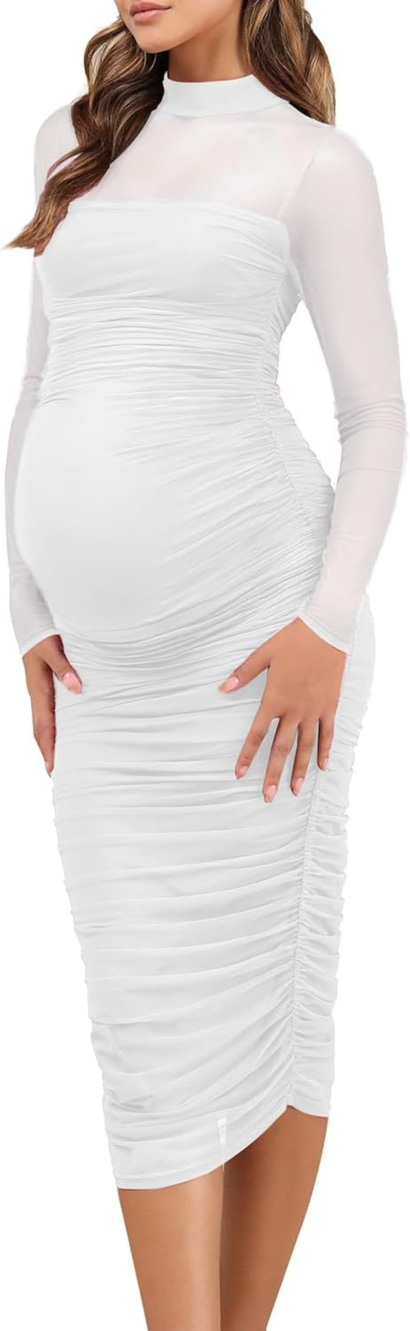 Dedysler Maternity Mesh Bodycon Dress for Wedding Guest Sexy Mock Neck Baby Shower Long Sleeve Pregnancy Clothes with Zipper image number 4