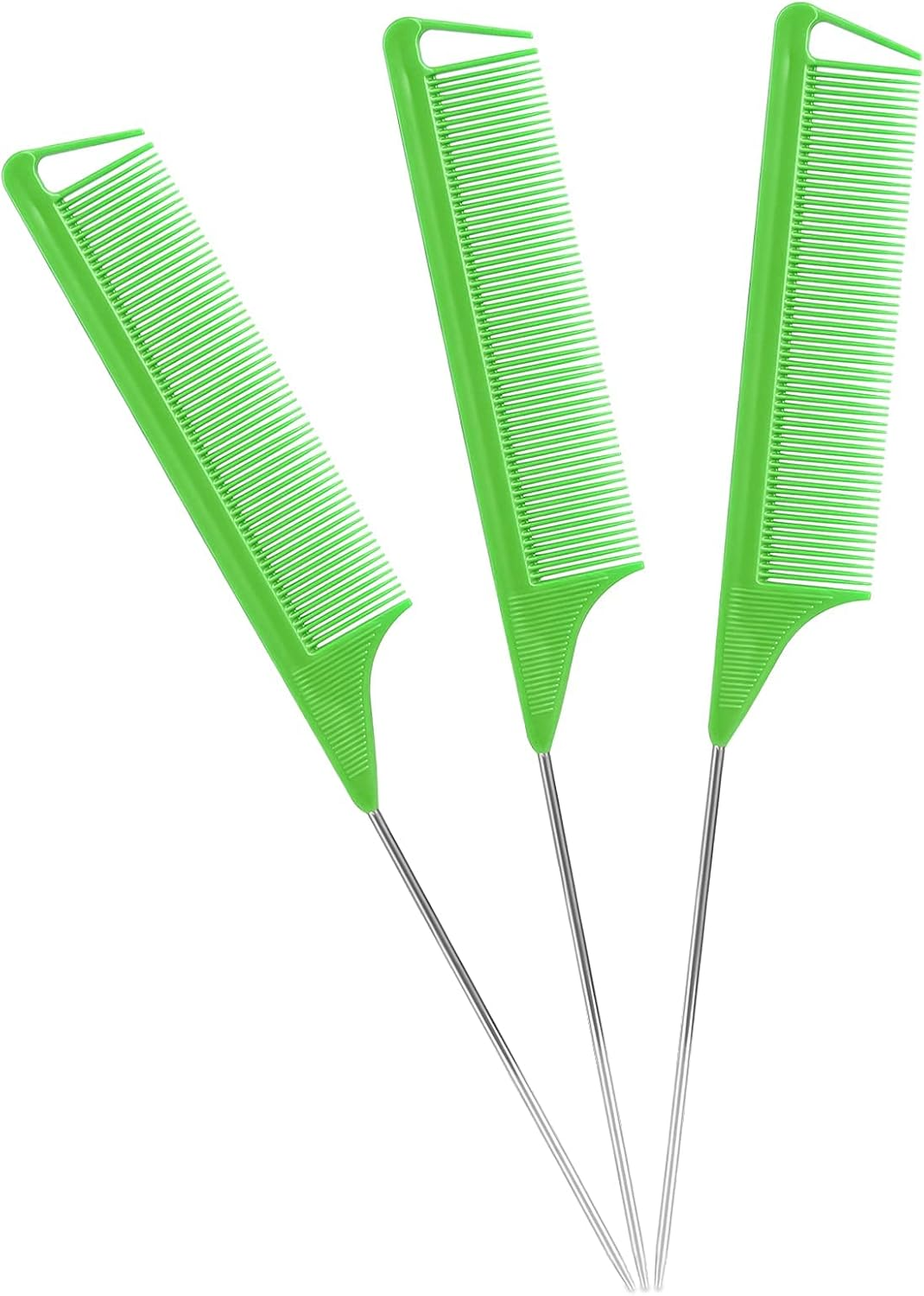 Rat Tail Combs Set: 3Pcs Steel Pin Teasing Combs for Hair Stylists, Parting Combs for Women (Green)