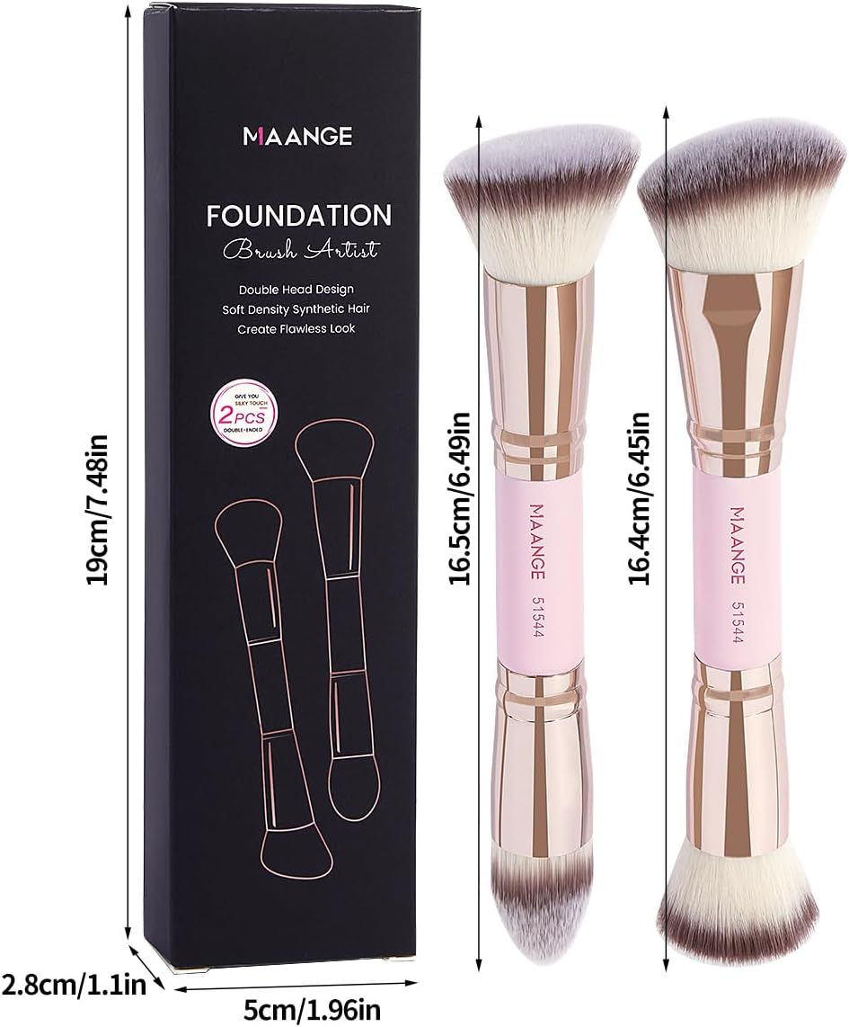 MAANGE Foundation Makeup Brushes, 2Pcs Premium Double-Ended Makeup Brush (Flat/Angled/Angled Round/Tapered Top) for Buffing Liquid, Cream, Powder, Blending Contour Face Brush(Pink/Gold) image number 3
