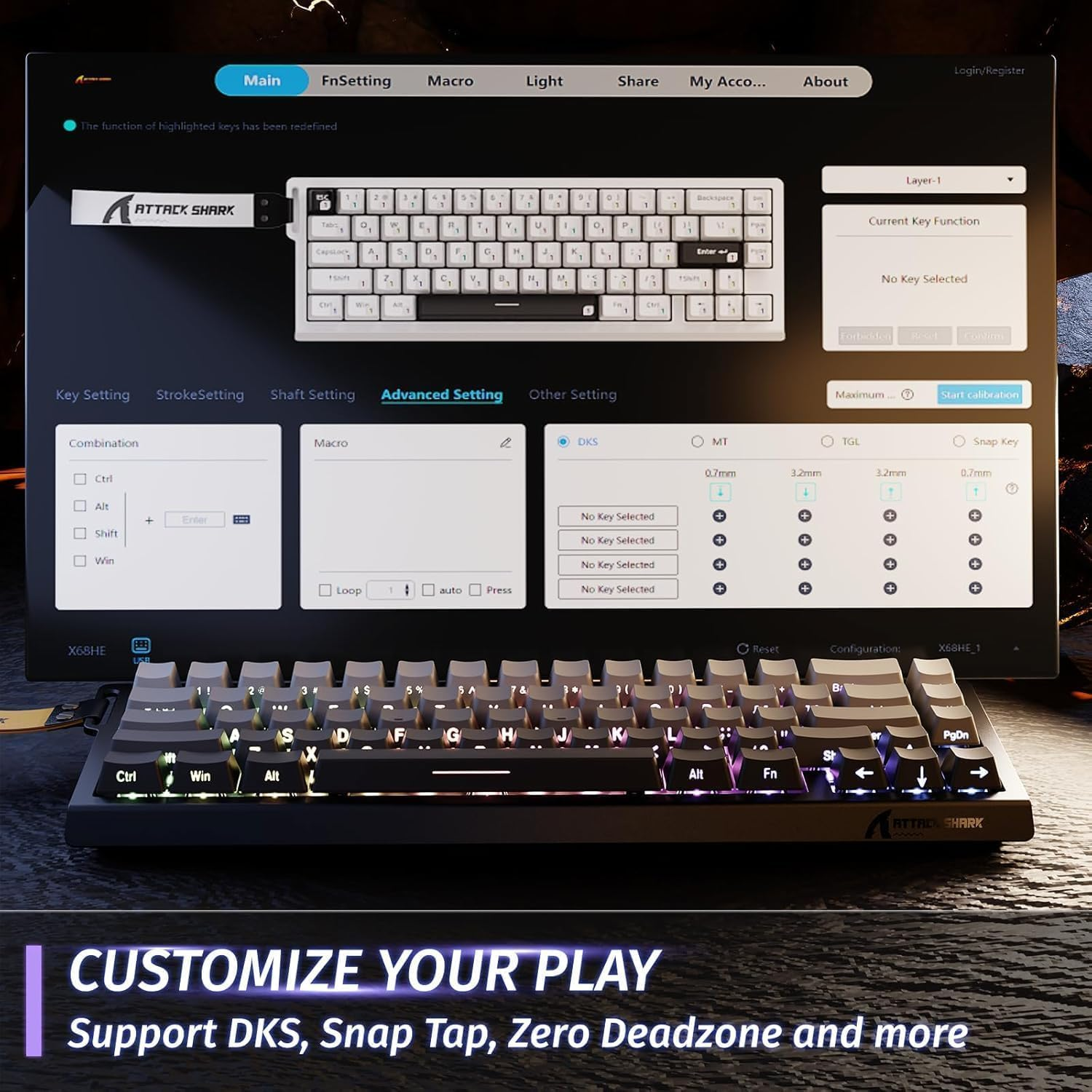 Attack Shark X68 HE Gaming Keyboard & R1 Mouse Combo,8Khz Magnetic Switch Keyboard, 16.8M RGB, Custom Actuation, 55G Ultra-Light Mouse with 18,000 DPI & Tri-Mode Connectivity for Esport Gamer-Gery