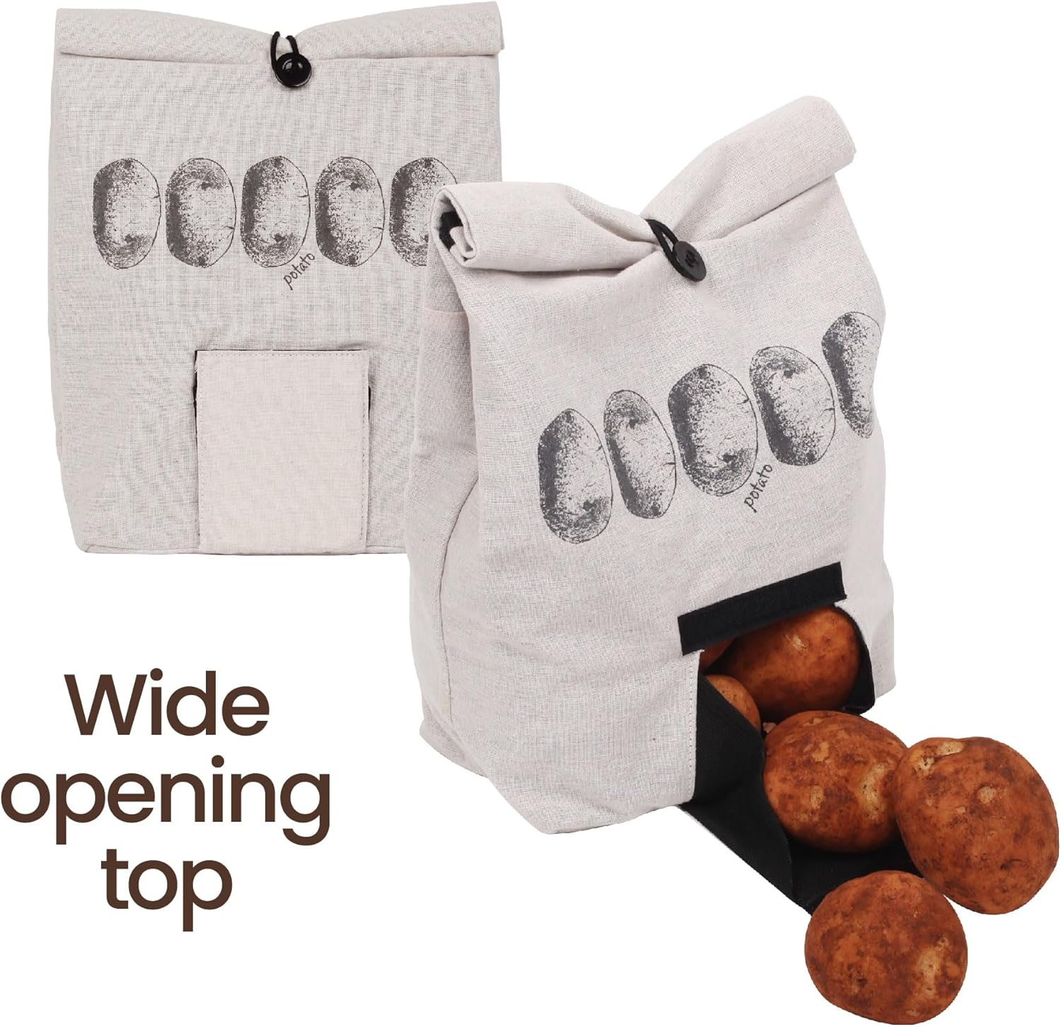 Eco Basics Potato Bag &ndash; Breathable Linen Look with Blackout Lining, Roll over Top, Button Tie, Easy Access Flap, Reusable Storage Solution for Potatoes & Root Vegetables image number 3
