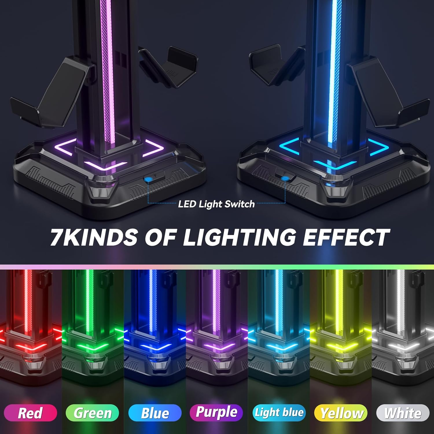 KDD Headset Stand with 9 Light Modes - Detachable Controller Holder for Desk - Rotatable Headphone Stand & Controller Hook Hanger for PC Earphone Gaming Accessories image number 5
