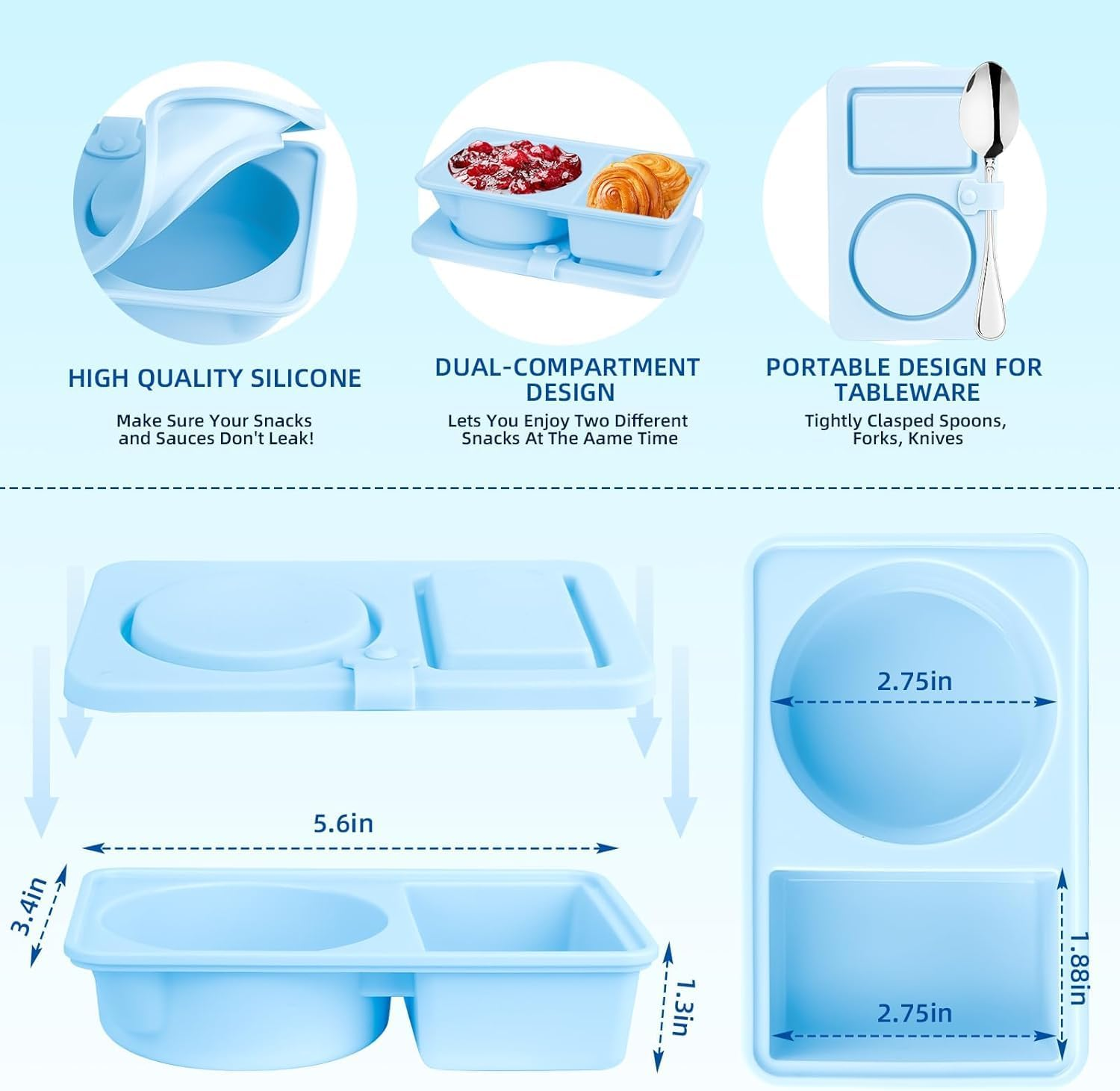 4 Pack Silicone Reusable Snack Containers with Lids, Double Compartment Snackle Box Containers, Salad Dressing Sauce Seasoning Container, Small Mini Food Snack Boxs for Travel, Office, Picnic image number 1