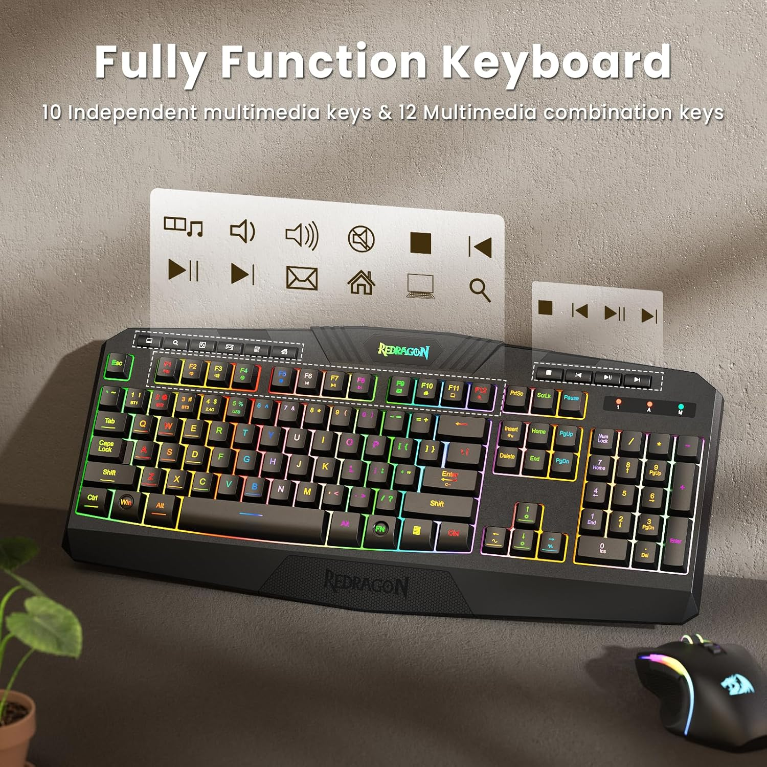 Redragon S101M-KS Gaming Keyboard and Mouse Wireless with Tri-Mode, RGB Keyboard and 4800 DPI Gaming Mouse, 10 Independent Multimedia Keys for Wins, PC, Computer, Wireless S101 Ideal for Gamer image number 5