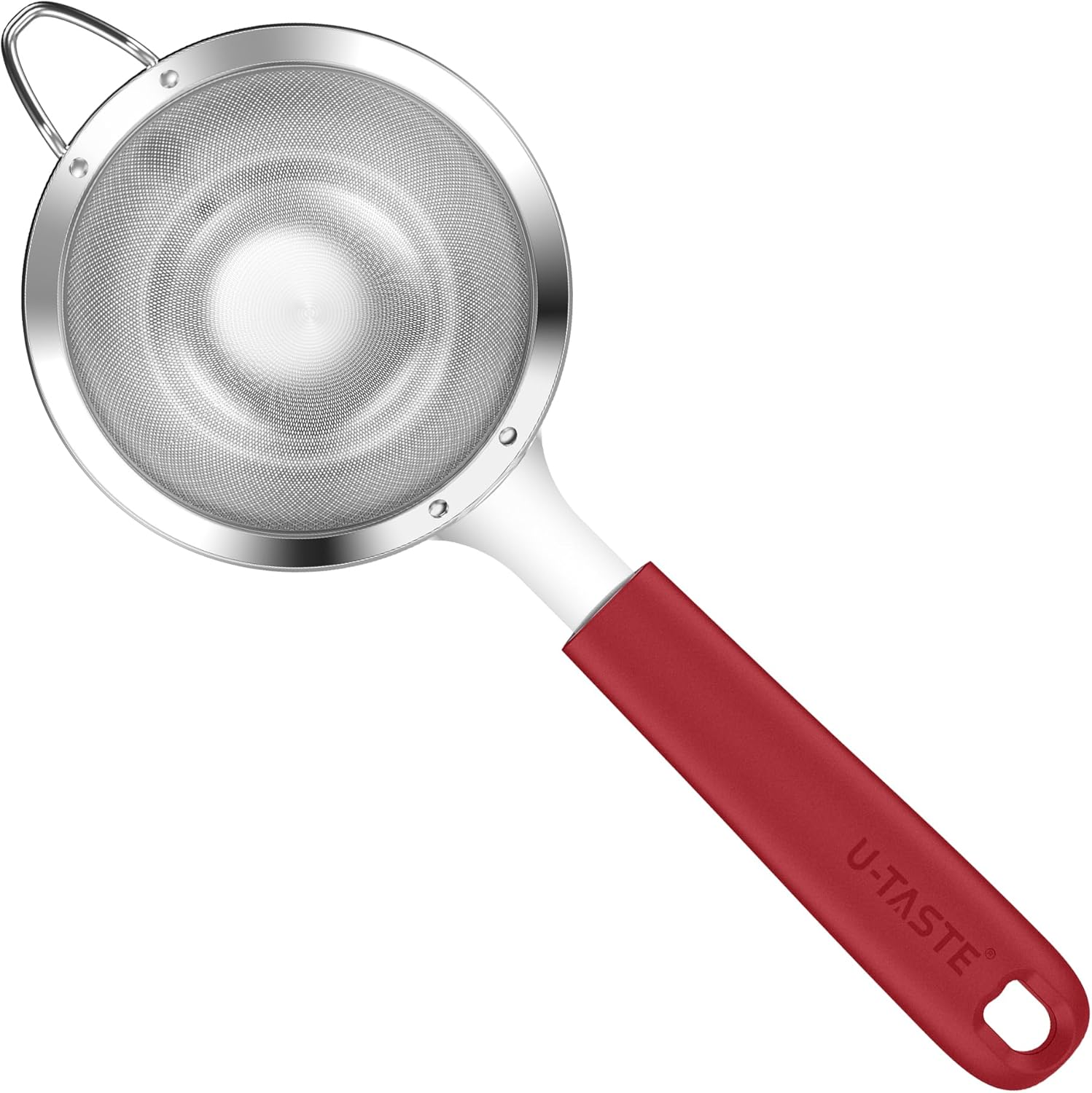 U-Taste 8.5Cm Small Mesh Strainer - 18/8 Stainless Steel Kitchen 30-Mesh Fine Food Sieve with Heavy Duty Riveted Silicone Handle, 5.5Cm Deep Handheld Metal Fruit Colander for Tea, Juice (Red) image number 4