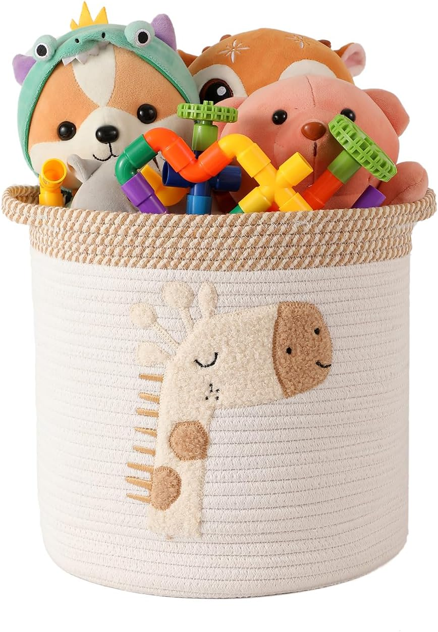 Inough Toy Storage Baskets Woven Cotton Rope Storage Basket for Kids, Blanket Baskets for Living Room Toys Organizer with Embroidery Decor, Cute Baskets with Handle for Nursery, Playroom (Giraffe) image number 2