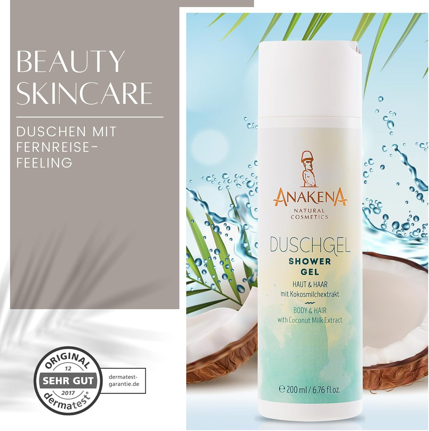ANAKENA Natural Cosmetics - Natural Cosmetics - Shower Gel for Skin and Hair, Tropical Fragrance, with Coconut Milk Extract, Vegan, No Microplastics, 200 Ml, Women and Men