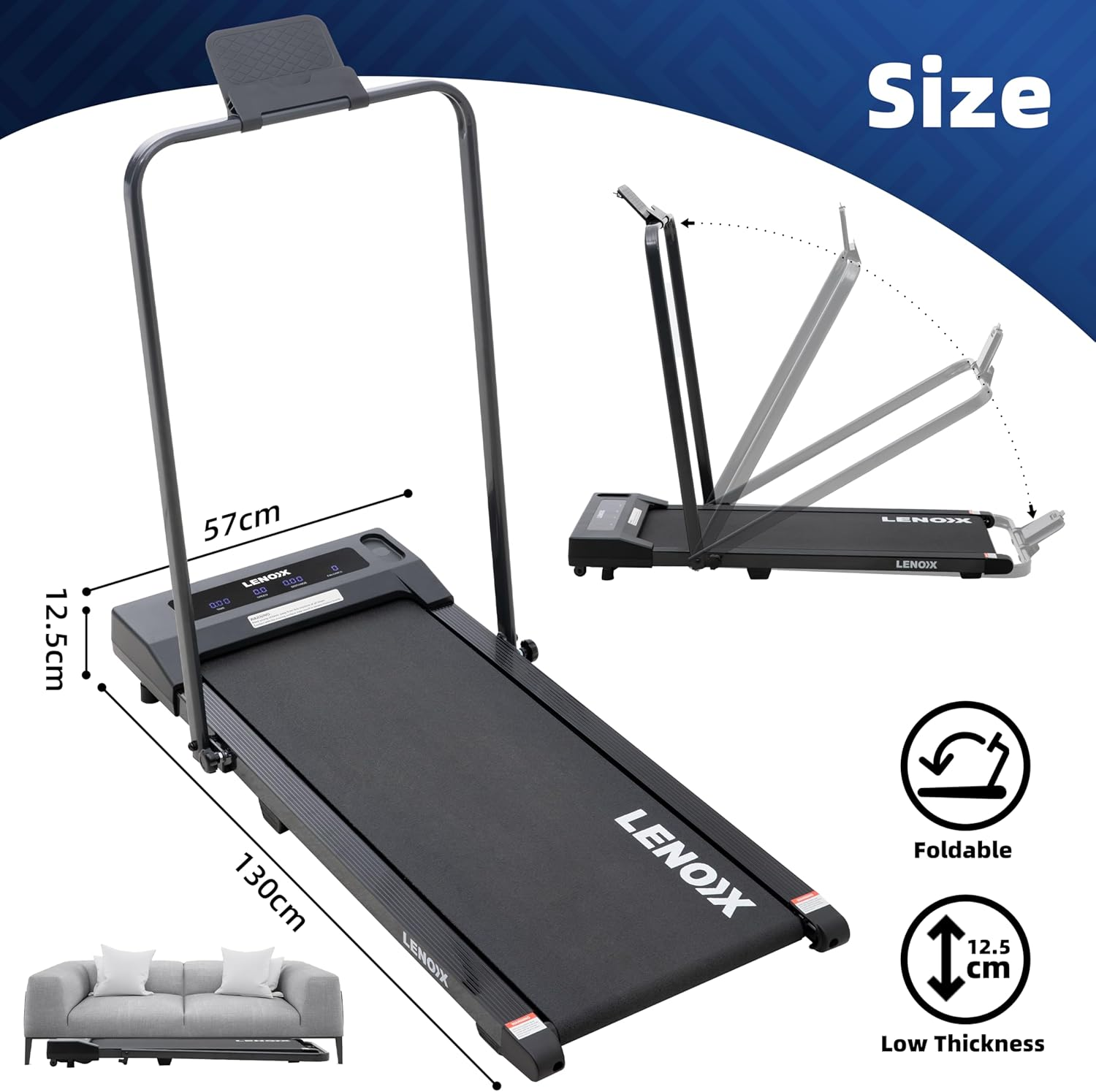 Lenoxx 2HP Walking Pad Treadmill W/Remote, Handrail, and Tablet Holder image number 1