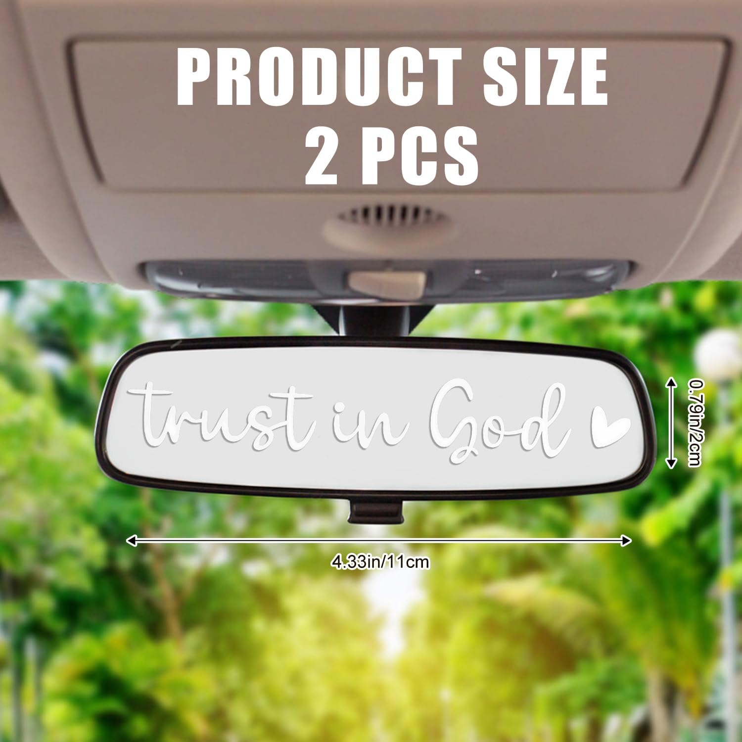 2Pcs Trust in God Rearview Mirror Decals, Vinyl Car Mirror Decal with Heart Car Mirror Stickers Car Mirror Quotes Decals Positive Car Sticker for Female Male Gift(White) image number 2
