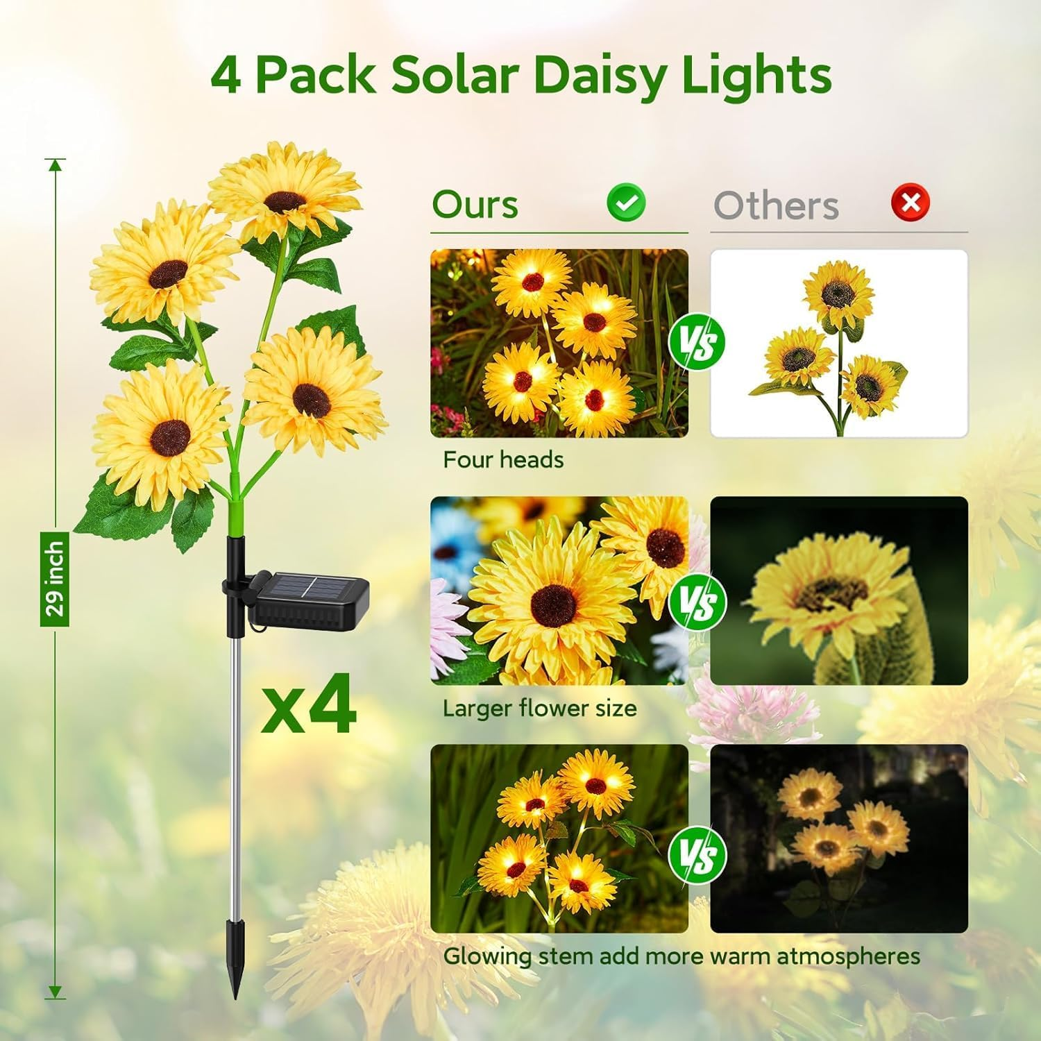 4Pack Solar Daisy Lights, Upgraded Outdoor Garden Decor, 16 Glowing Daisy Flowers & Stems, Waterproof Auto On/Off Solar Flowers Light for outside Garden Yard Patio, Multicolour