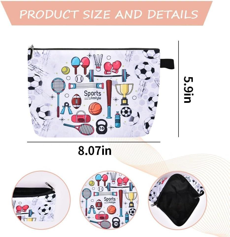 Sports Makeup Bag Multi-Sport Design Canvas Cosmetic Pouch for Sports Lover Soccer Fan Portable Fitness Toiletry Organizer for Women Men Athlete Travel Gym Party Favor Gift​ image number 5