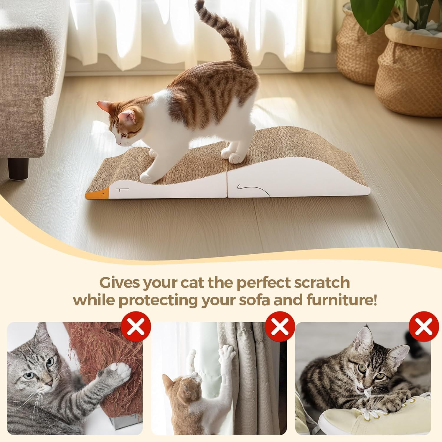 Comsaf Long Cat Scratching Board 26.75"X10" Curved Foldable Scratcher, Duck-Shaped Cardboard Scratchers Recycle Corrugate Pad for Scratch Lounge Lasting Reversible image number 5
