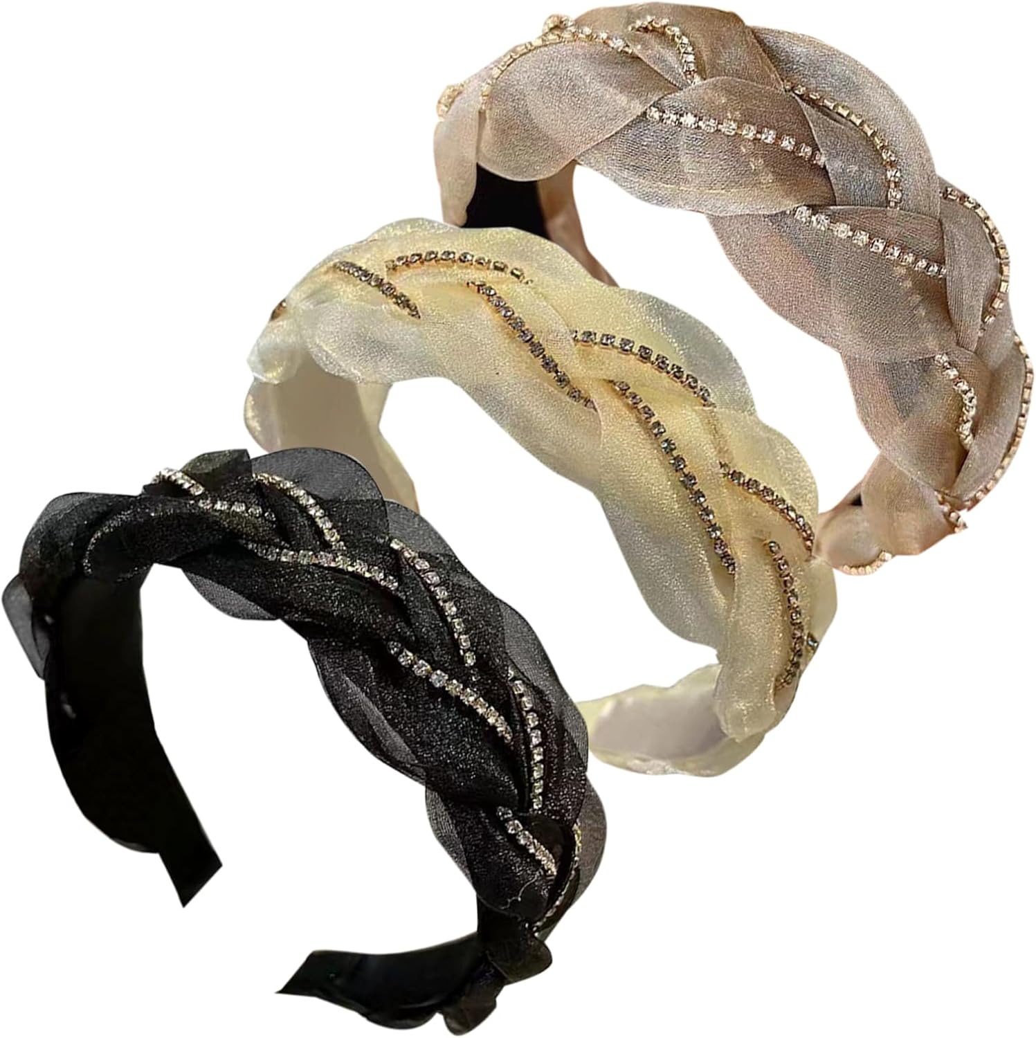 Pack of 3 Headbands for Women Hair Boho Wrap Tie Fashion Hair Bands Elastic Twist Hair Scarf Pretty Bow Tie Wide Alice Hair Bands for Women UK and Girls - Cashew image number 2