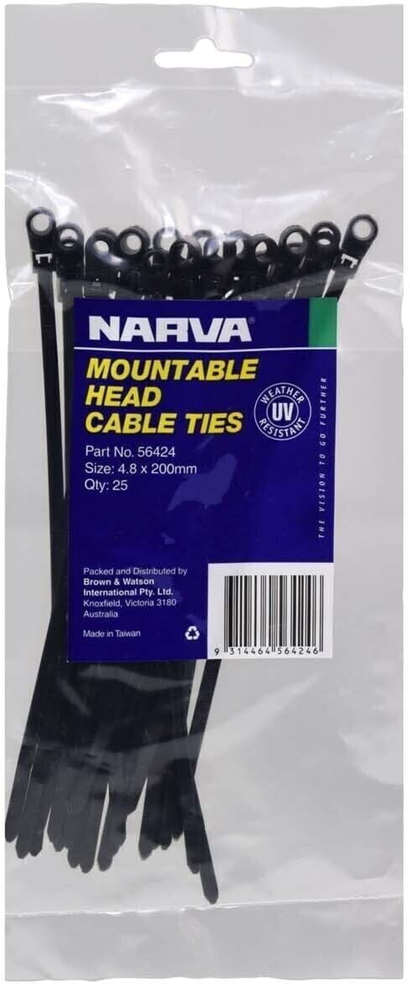 Narva Mountable Head Cable Ties, 4.8 X 200 Mm (25 Pieces)