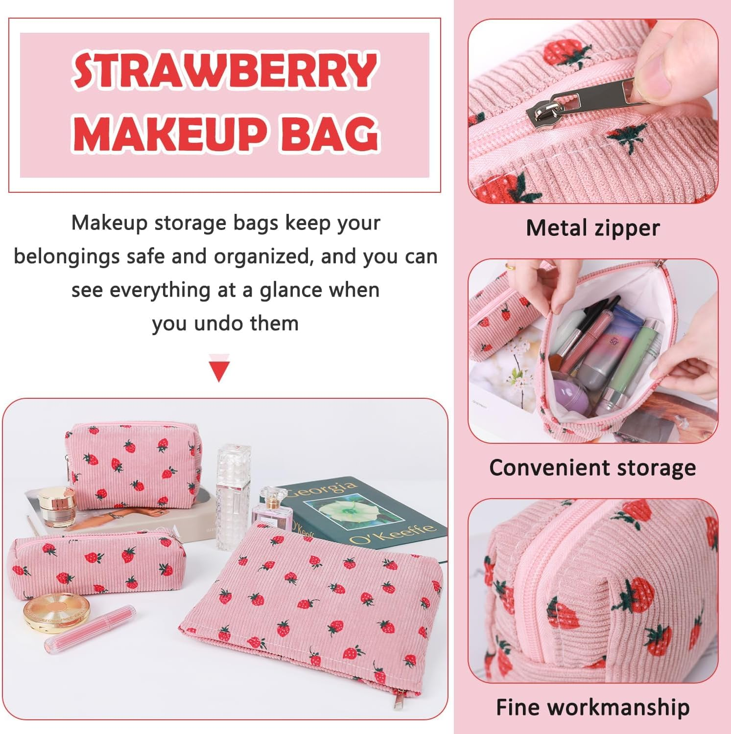 3 Pcs Checkered Makeup Bag Cosmetic Bag Set for Girls Women, Travel Organizer Bathroom Toiletry Pouch Large Capacity Storage Bag (Strawberry Pink) - Strawberry Beige image number 2