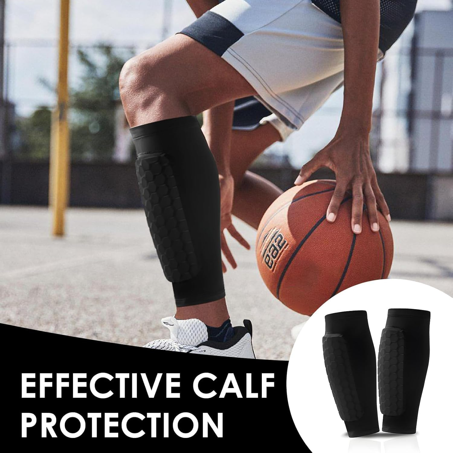 Honeycomb Compression Sleeve Shin Guards, Soccer Football Protective Pads, Calf Support, 1 Pair - Black, M image number 4