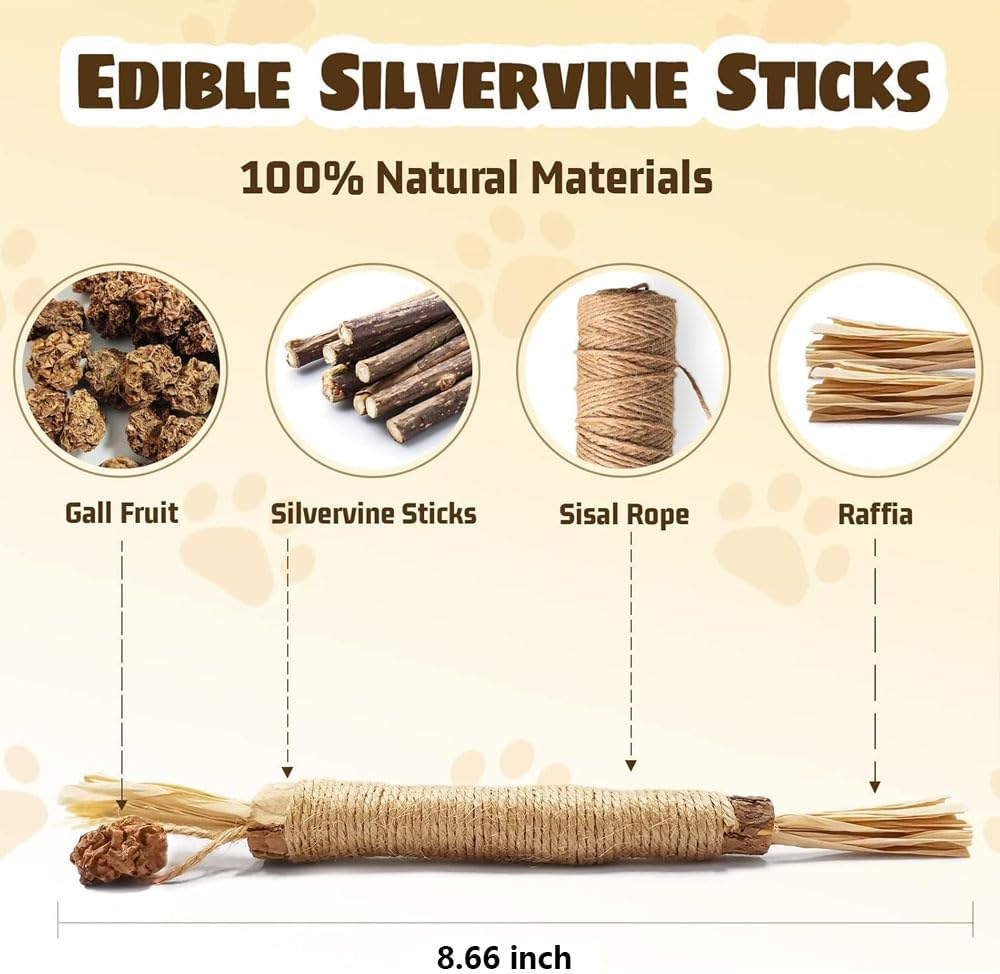 Aufondof 6Pcs Natural Silvervine Sticks, Cat Dental Chew Sticks Cat Toys for Indoor Cats Kitten Teething Toys Teeth Cleaning Toy image number 2