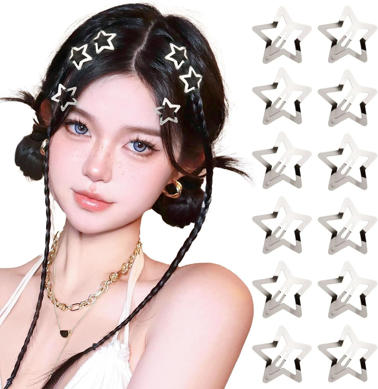 BOFUNX 12Pcs Silver Star Hair Clips, 3Cm 4Cm Metal Star Hair Clips Non-Slip Snap Hair Barrettes for Women Girls Y2K Hair Accessories